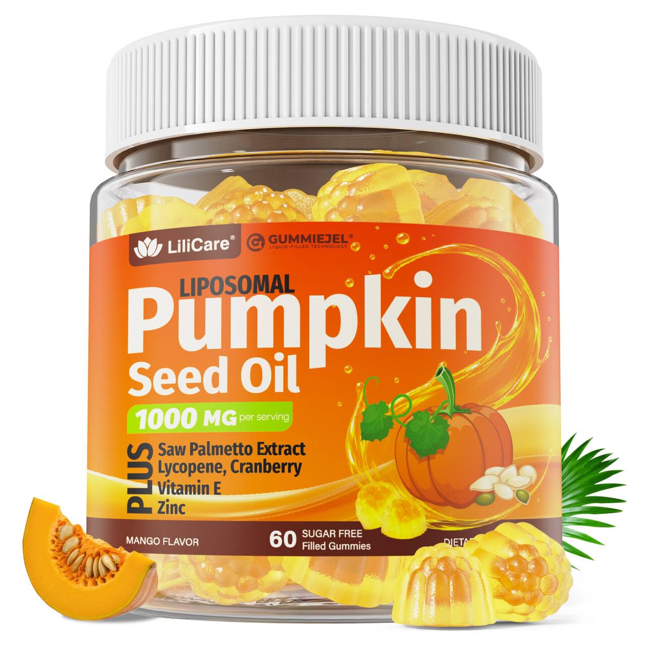 LILICARE Pumpkin Seed Oil Gummy 1000mg with Saw Palmetto, Cranberry, Lycopene, Vitamin E, Zinc, Cold-Pressed Pure Virgin Pumpkin Seed Oil for Hair Growth, Skin, Urinary & Prostate Health, 60 Count