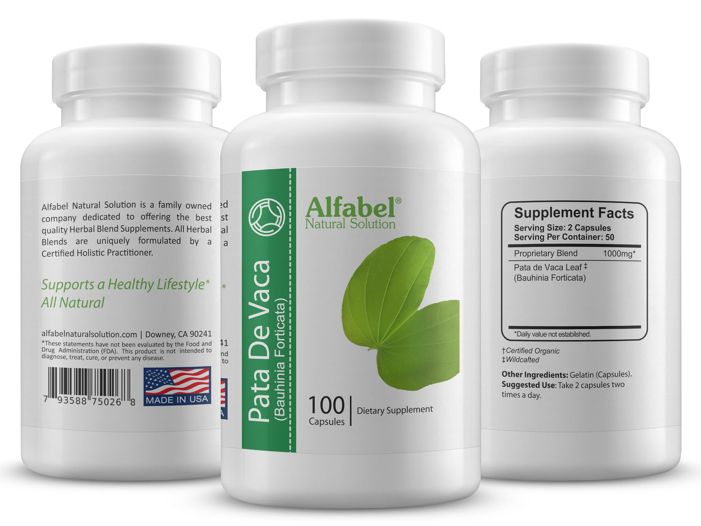 Alfabel Natural Solution Pata de Vaca Cow's Foot Leaves Capsules, 100 Count