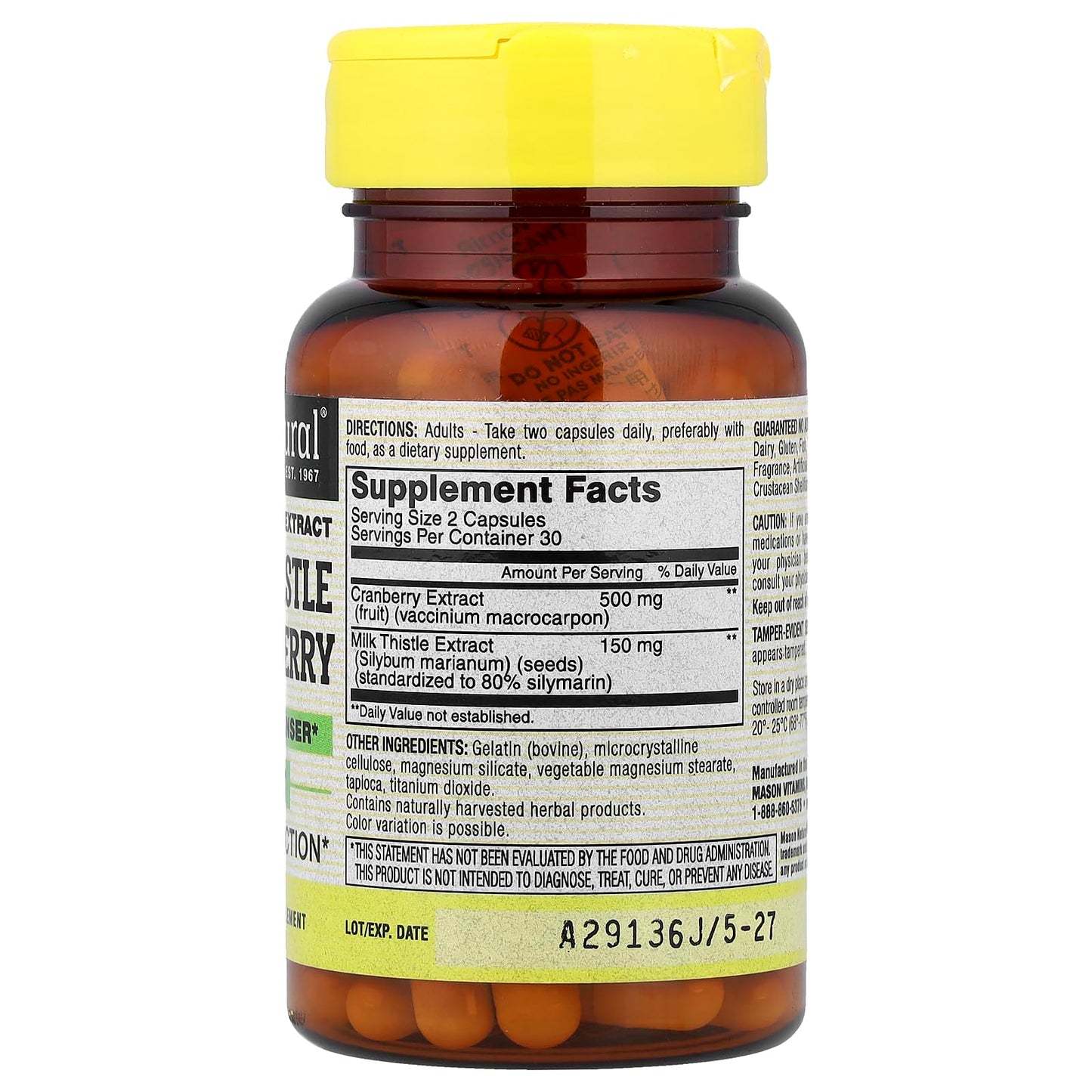 Mason Natural Milk Thistle/Cranberry Liver and Kidney Cleanser Capsules, 60 Capsules