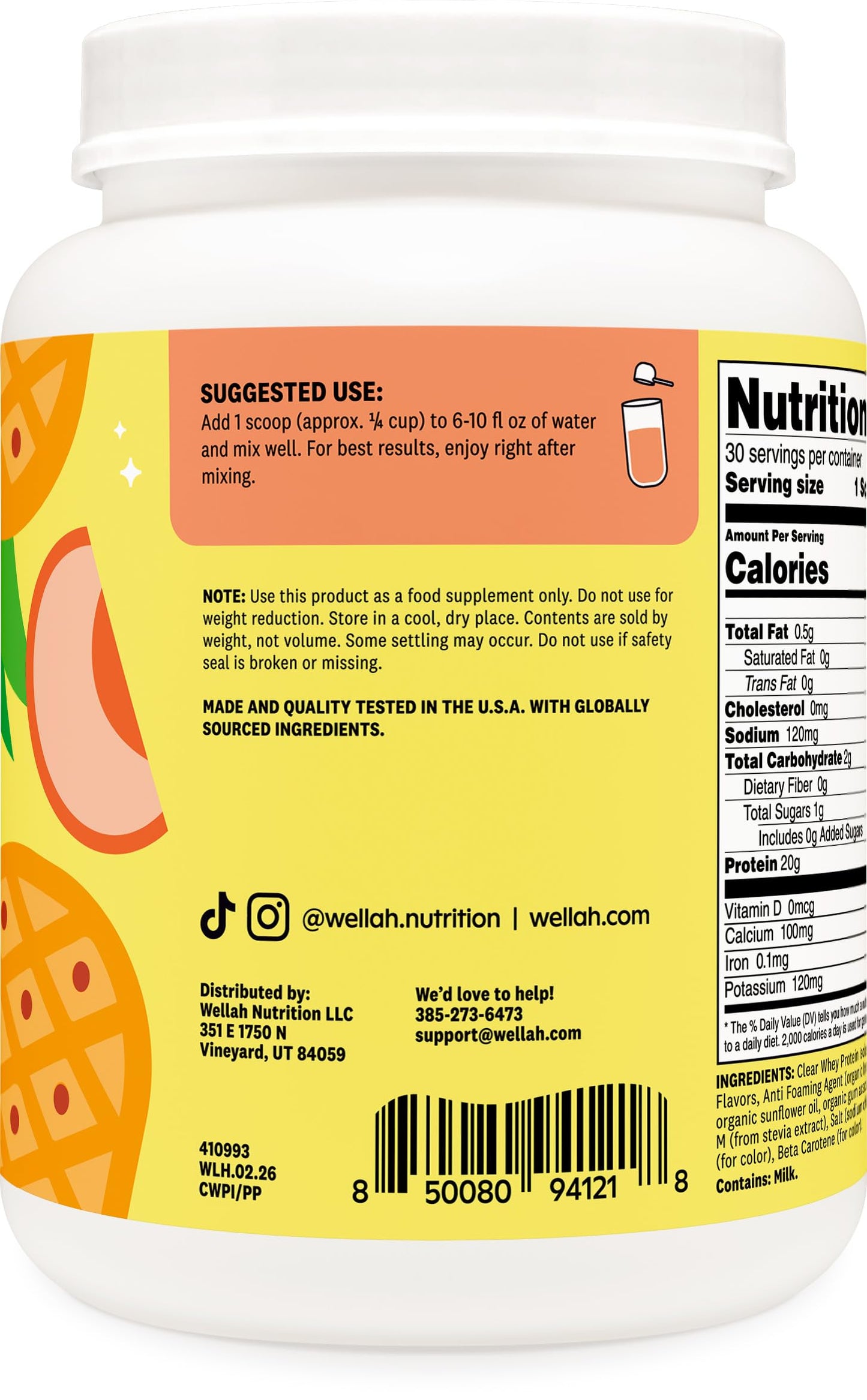 Wellah Clear Whey Protein Isolate Powder (Peach Pineapple) 28.9 Servings