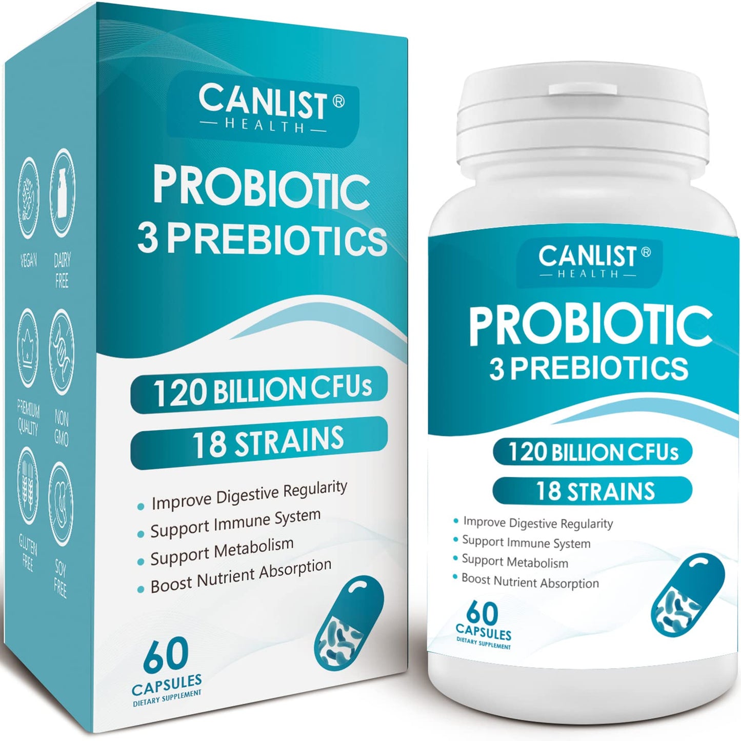 CANLIST Probiotics 120 Billion CFUs, 18 Strains, 3 Prebiotics & Digestive Enzymes for Digestive & Immune Support, Shelf-Stable Non-GMO, 60 Capsules