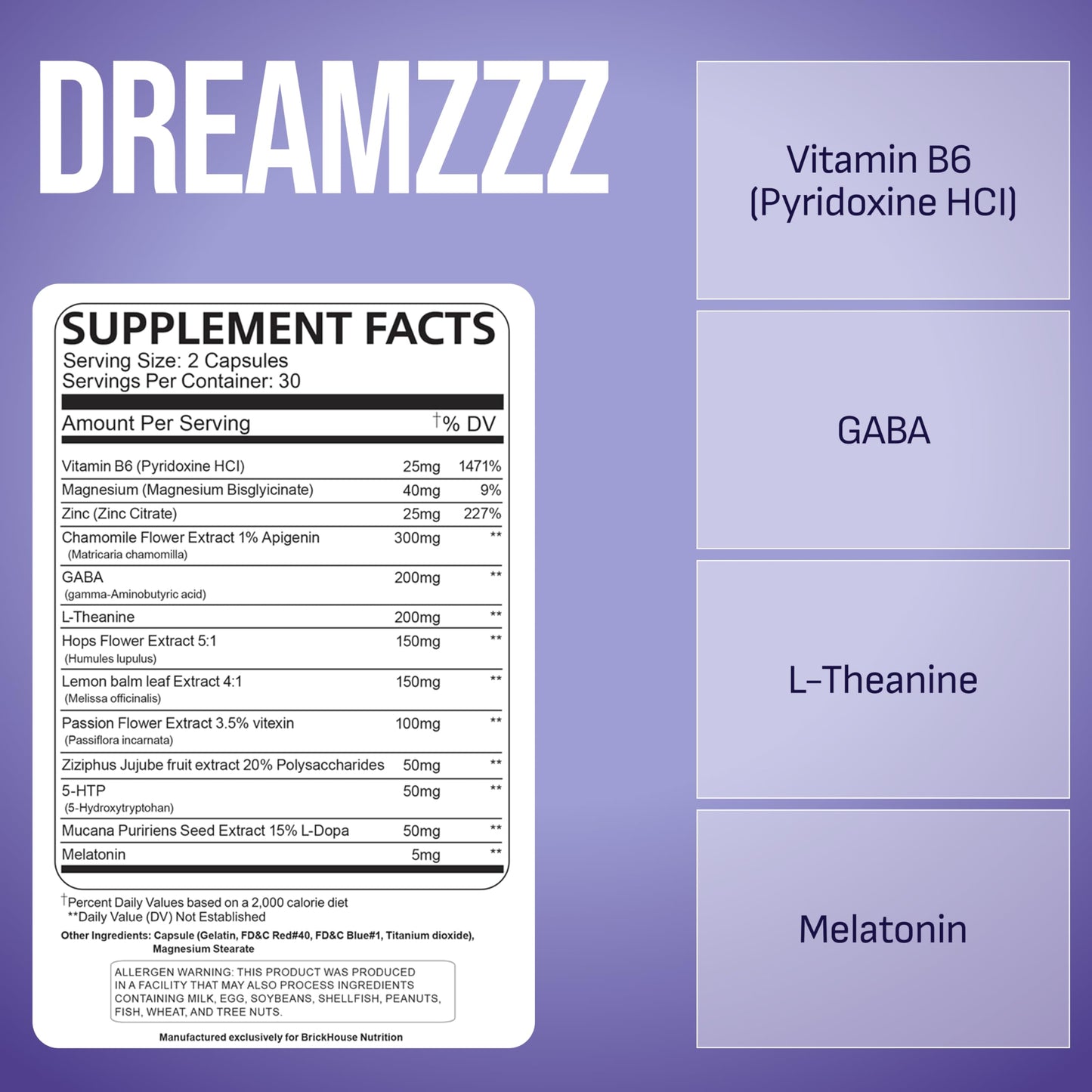 BRICKHOUSE NUTRITION DreamZzz Natural Sleep Aid with Melatonin 5mg Powder 3 Ounce