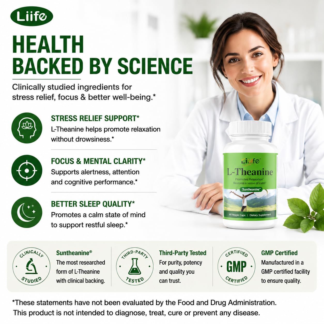 LIIFE L-Theanine (Suntheanine®) with GABA, Magnesium & Black Pepper – 60 Veggie Capsules