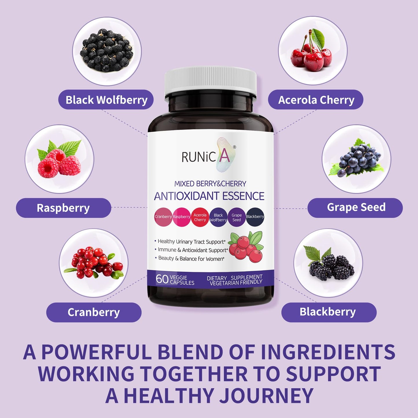 RUNICA 6-in-1 Mixed Berry & Cherry Antioxidant Supplement Capsules 120