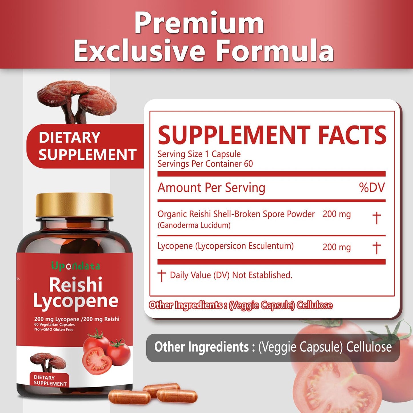 Upondata Lycopene Capsules 200mg with Organic Reishi Mushroom 200mg for Prostate Health and Immune Support, 60 Capsules