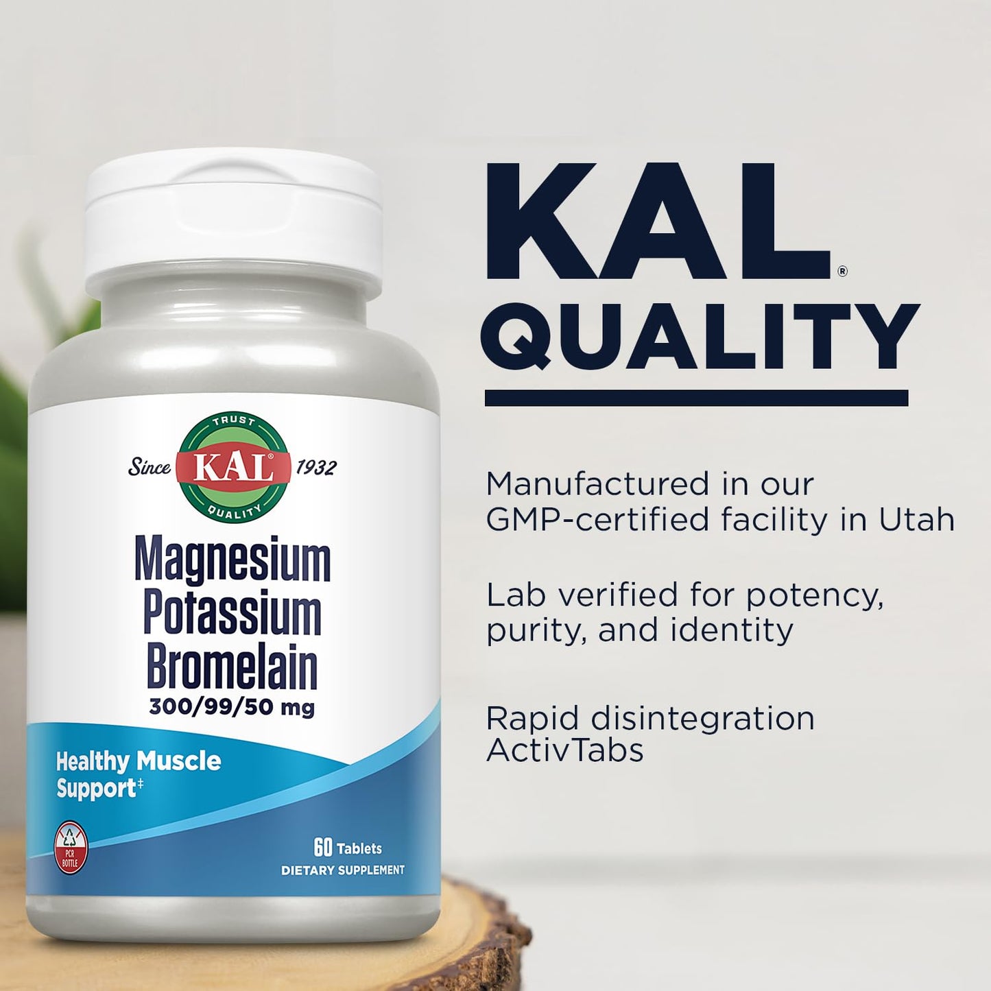 KAL Magnesium Potassium Bromelain Magnesium Complex Tablets, 60