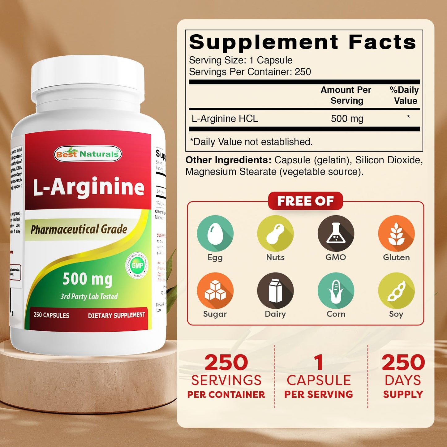 Best Naturals L-Arginine 500mg Capsule, 250 Count (Pack of 2)