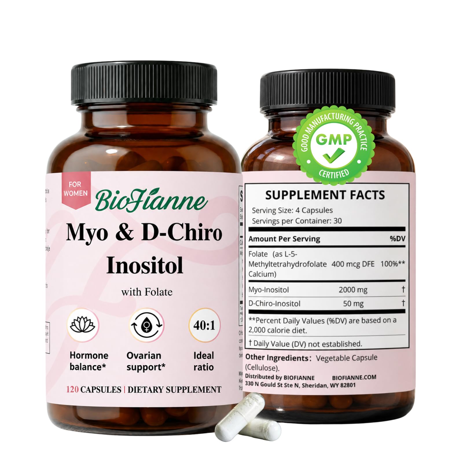BioFianne Myo-Inositol & D-Chiro Inositol Supplement for Women, Ideal 40:1 Ratio with MTHF Folate, Inositol 2000mg, Supports Hormonal Balance for Women, Regular Cycles & Ovarian Health, Capsules, 120 Count