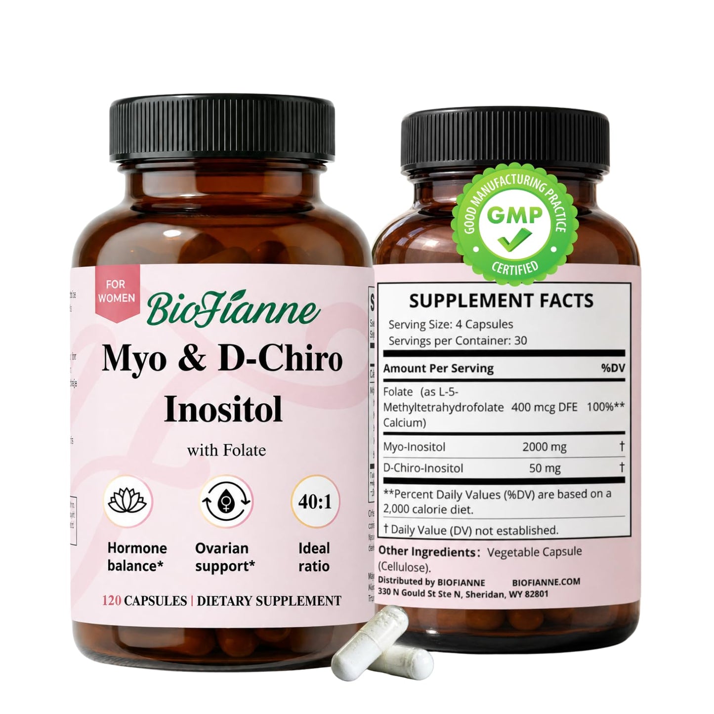 BioFianne Myo-Inositol & D-Chiro Inositol Supplement for Women, 40:1 Ratio with MTHF Folate, Inositol 2000mg, Supports Hormonal Balance for Women, Regular Cycles & Ovarian Health, 120 Capsules