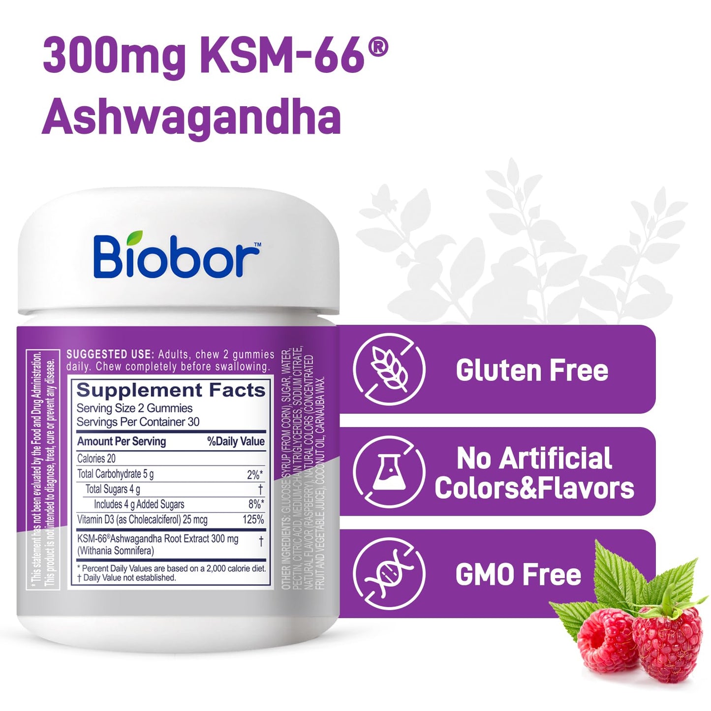 Biobor Ashwagandha Gummies with KSM-66 Ashwagandha Root Extract and Vitamin D3, Relaxation & Immune Support, 120 Count