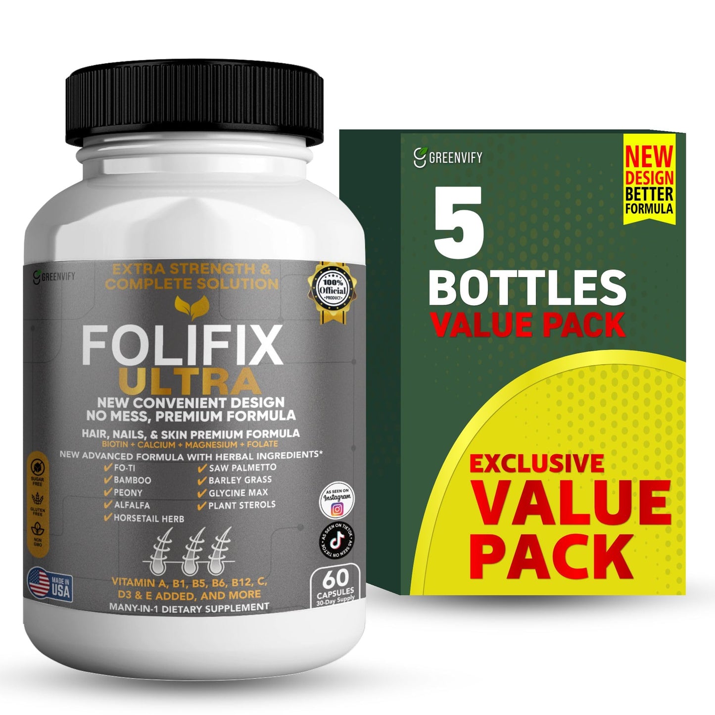 GREENVIFY FoliFix Ultra Hair, Nails & Skin Supplement Capsule, 60 Capsules