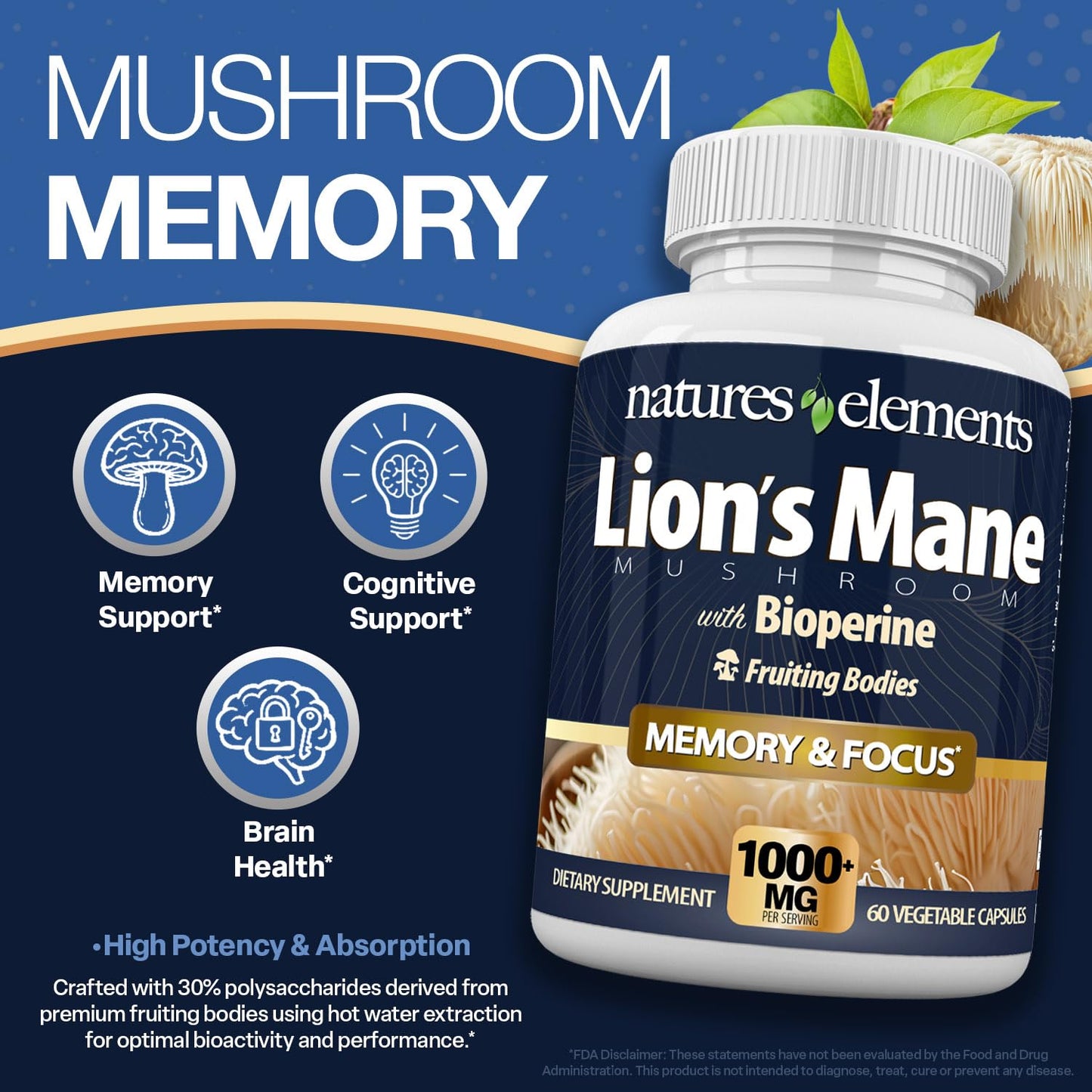 Natures Elements Lion’s Mane Mushroom with BioPerine 10:1 Extract – 1000mg Lion’s Mane + 10mg BioPerine – 30% Polysaccharides – 180 Capsules