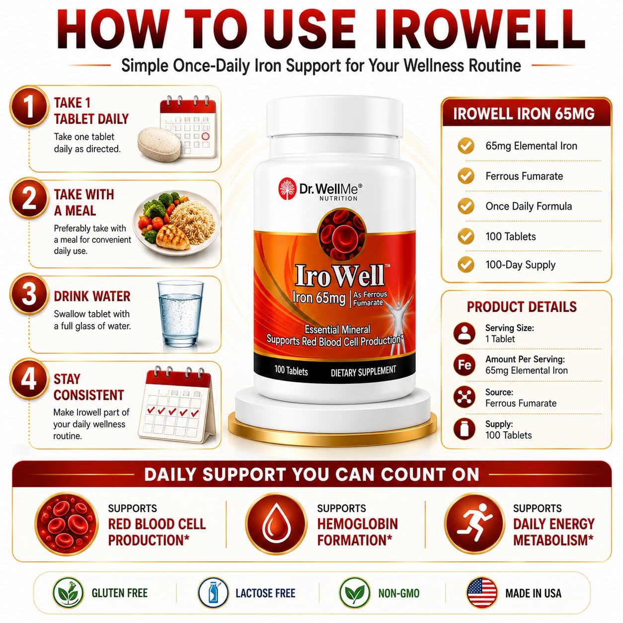 DR WELLME NUTRITION Irowell Iron Tablets 65mg, 100 Tablets