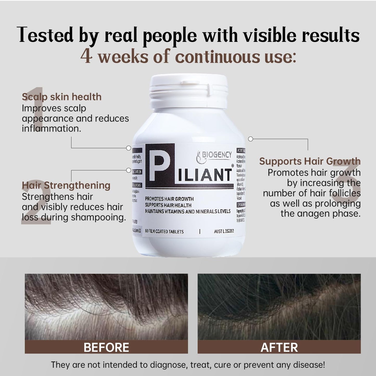 Biogency Piliant 3 Pack Hair Care Natural Supplement - NAD+ Vitamin Folic Acid Hair Niacinamide Complex Tablet, 180 Tablets