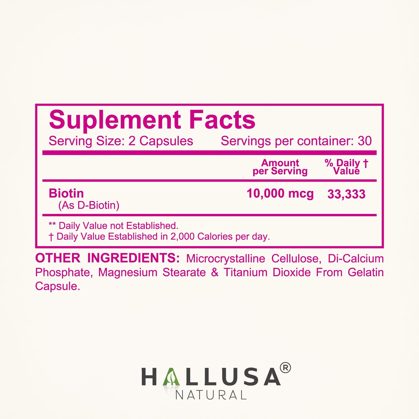 Hallusa Natural Biotin 10,000mcg Capsules, 60 Count