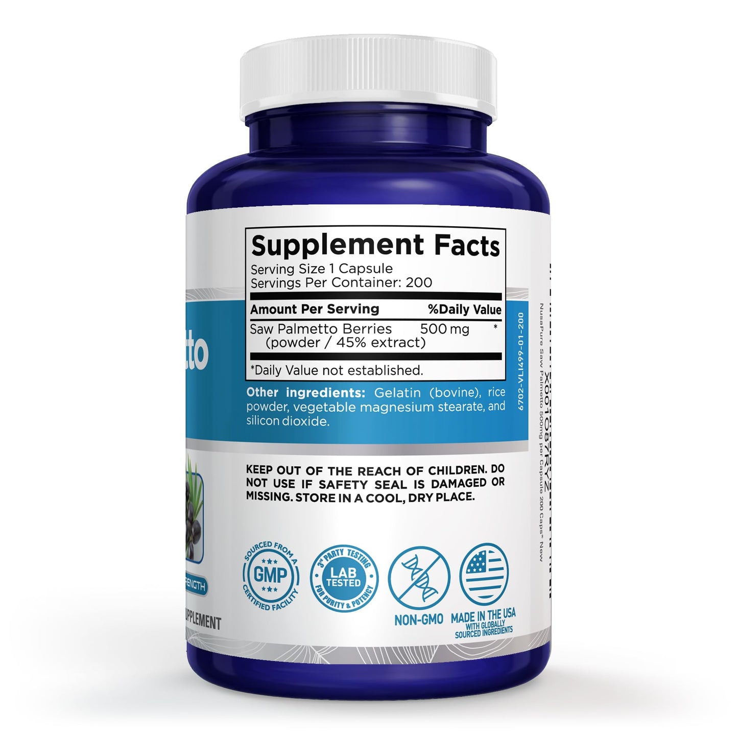 NusaPure Saw Palmetto Powder Complex Non-GMO 500mg Capsules, 200 Count