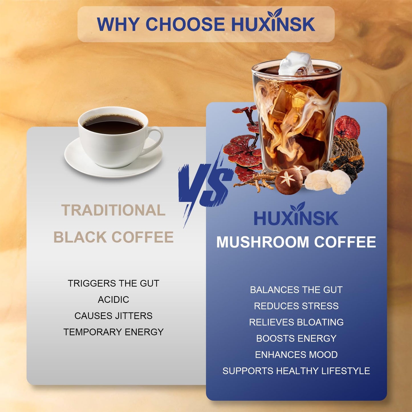 HUXINSK Organic Mushroom Coffee Instant Coffee with Lion’s Mane, Reishi, Cordyceps, Collagen, β-Glucan (Prebiotic) Powder 6.35 oz
