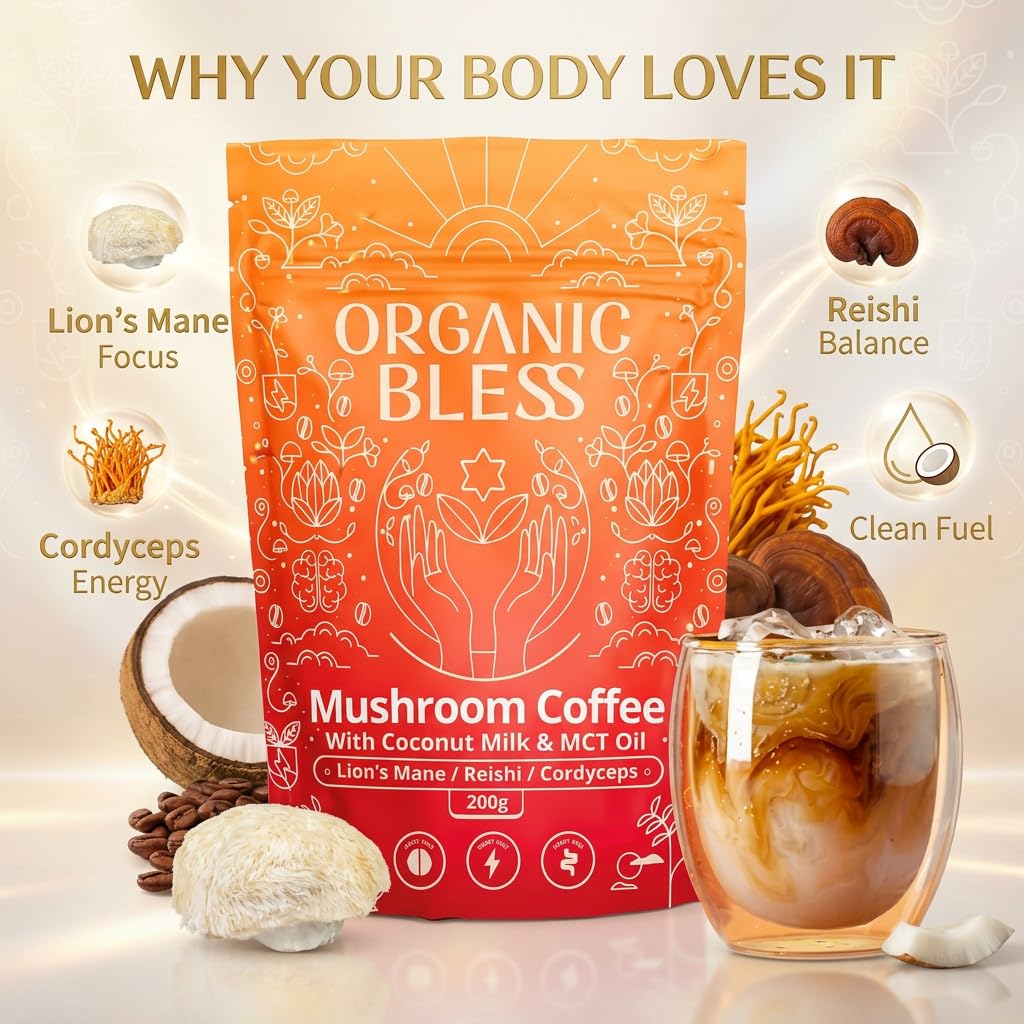 Organic Bless Instant Mushroom Coffee with Lion's Mane, Reishi & Cordyceps – Coconut Milk & MCT Oil – Low Caffeine 31mg – Powder, 7.05 Ounce