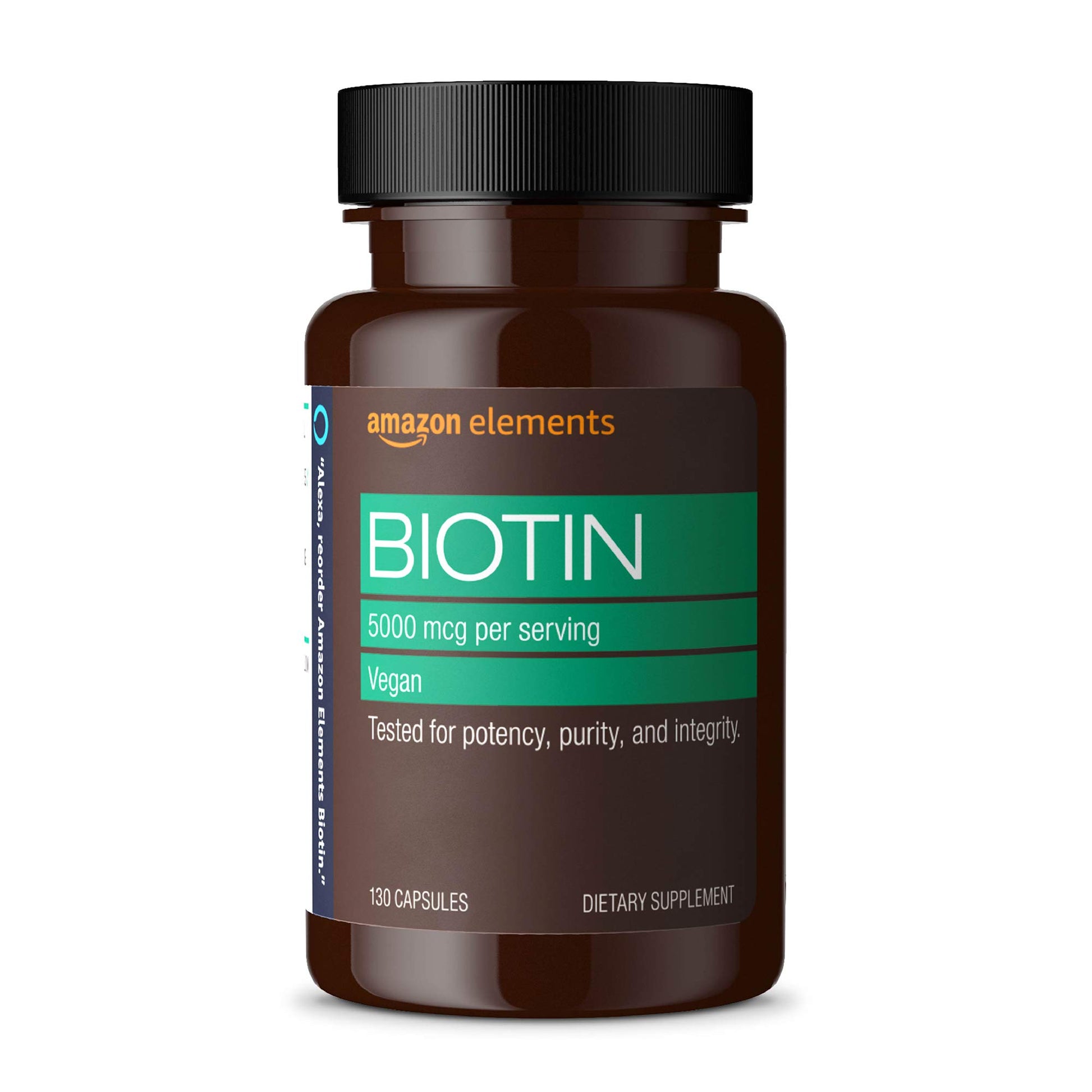 Amazon Elements Vegan Biotin 5000 mcg for Hair, Skin, and Nails, 130 Capsules