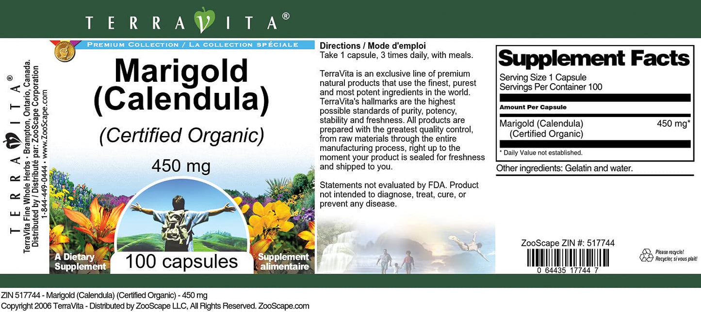 Terravita Marigold (Calendula) (Certified Organic) - 450 mg Capsule, 100 Capsules