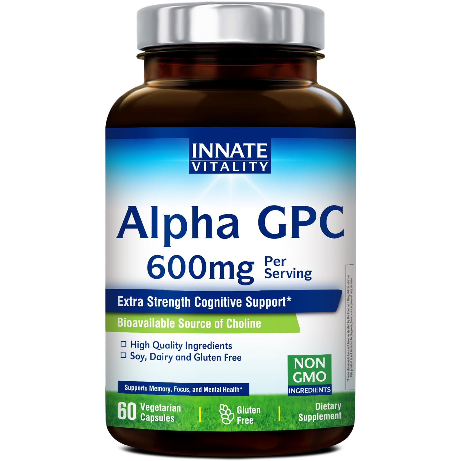 Innate Vitality Alpha GPC 600mg Choline Supplement, 60 Vegan Capsules