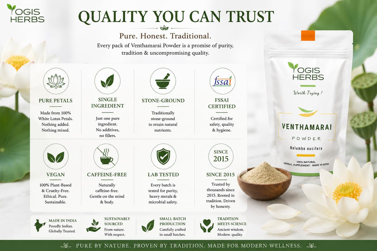 YOGIS HERBS Venthamarai Powder, White Lotus (Nelumbo Nucifera/Sacred Lotus/Padma) - Traditional Tamil Siddha Herb for Heart Wellness, Supports Calm Mind & Restful Sleep - Pure Petal Powder, 16