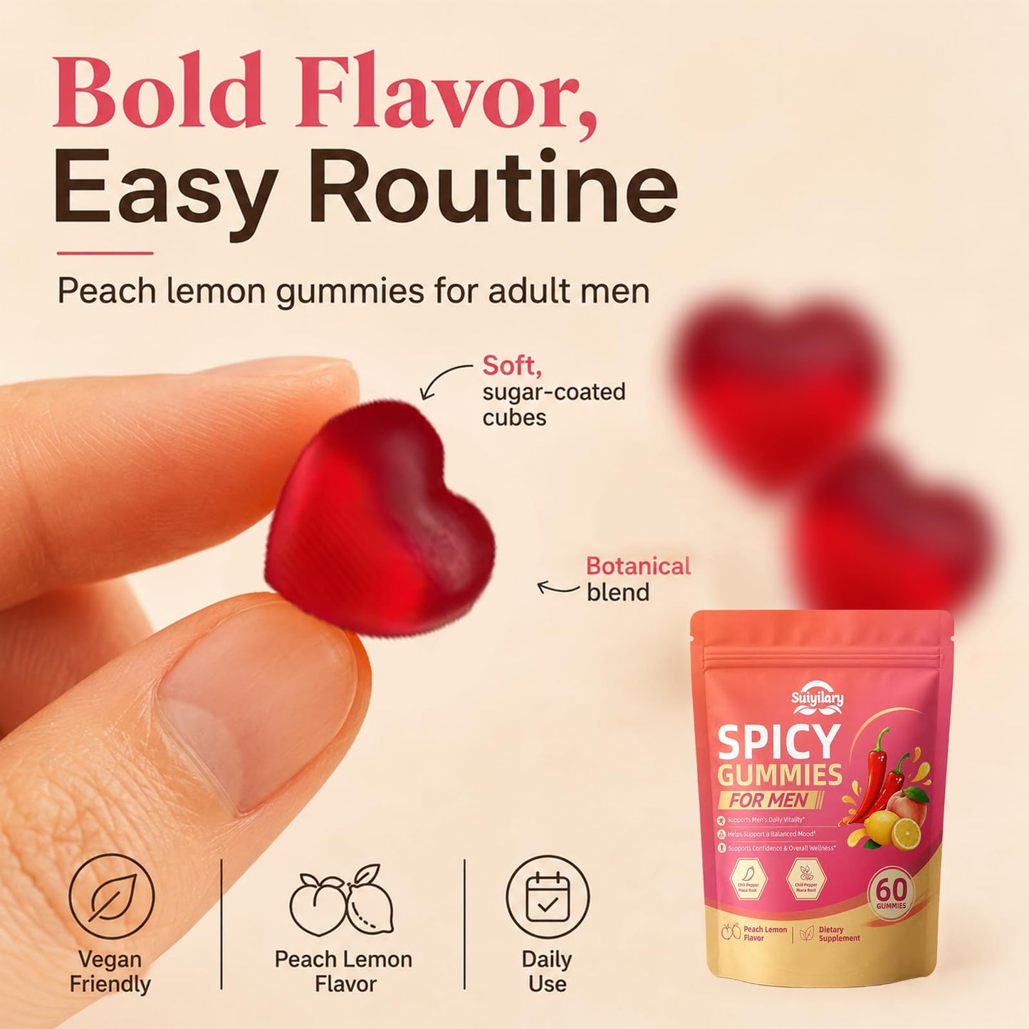 Suiyilary Spicy Gummies Cubes for Couples, Adults Hot Peach Flavor, Gummy, 60 Count