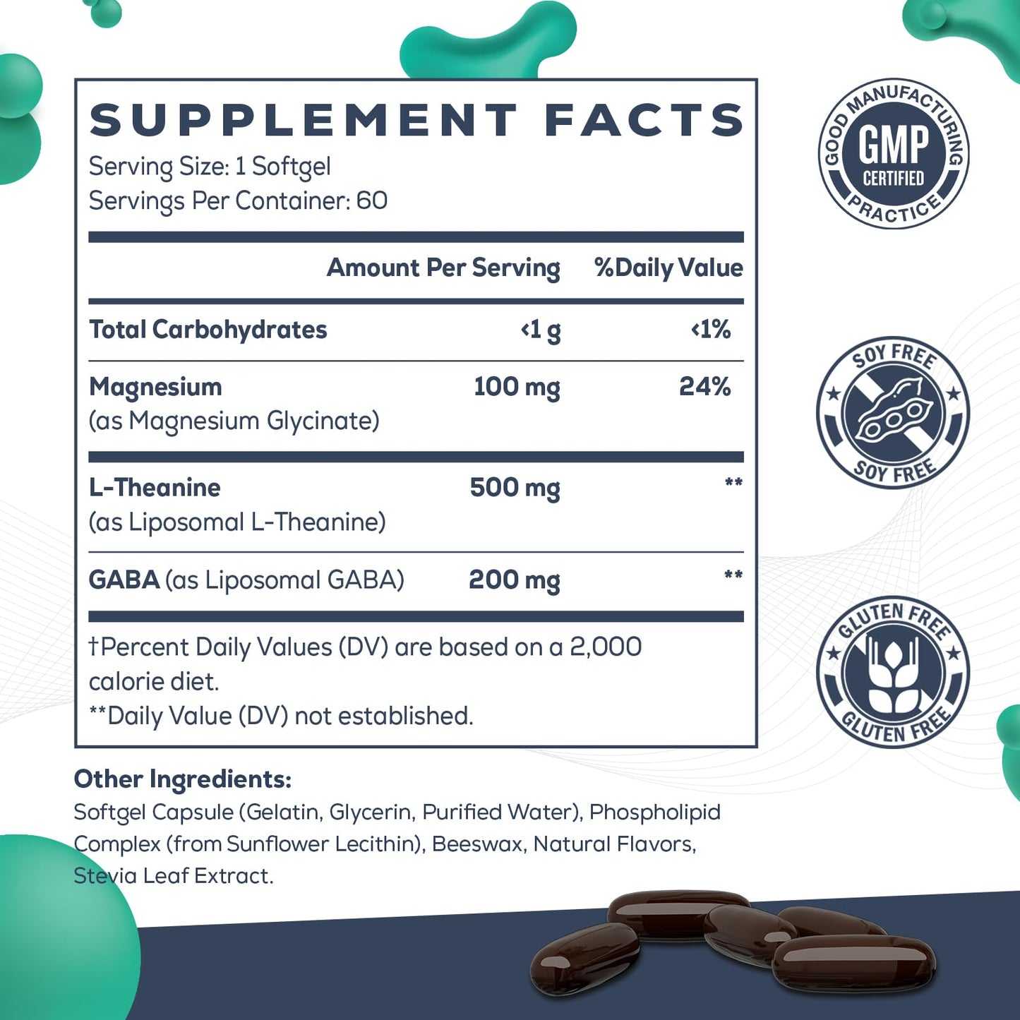 CyberCerix Liposomal L-Theanine 500mg with GABA 200mg & Magnesium 100mg, 60 Capsules