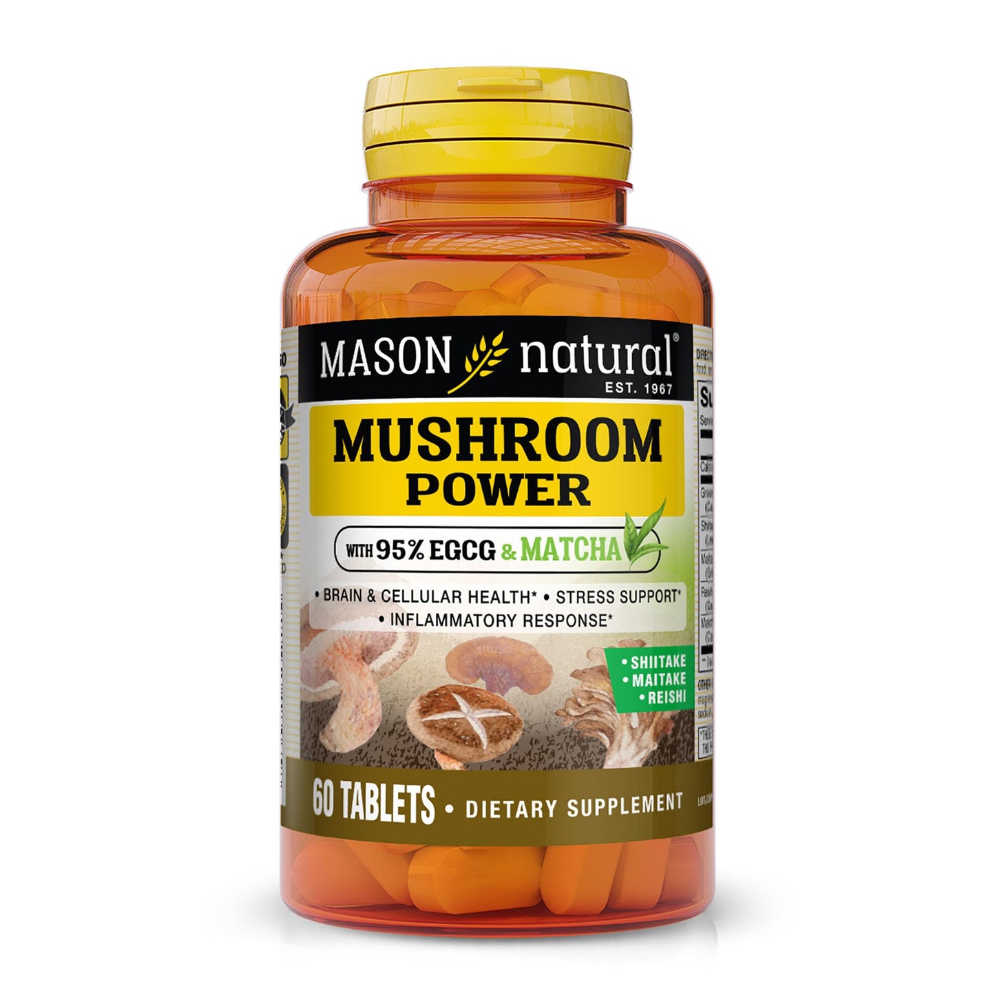 Mason Natural Mushroom Power with 95% EGCG and Matcha, Plant-Based Formula with Shiitake, Maitake, Reishi, 60 Tablets