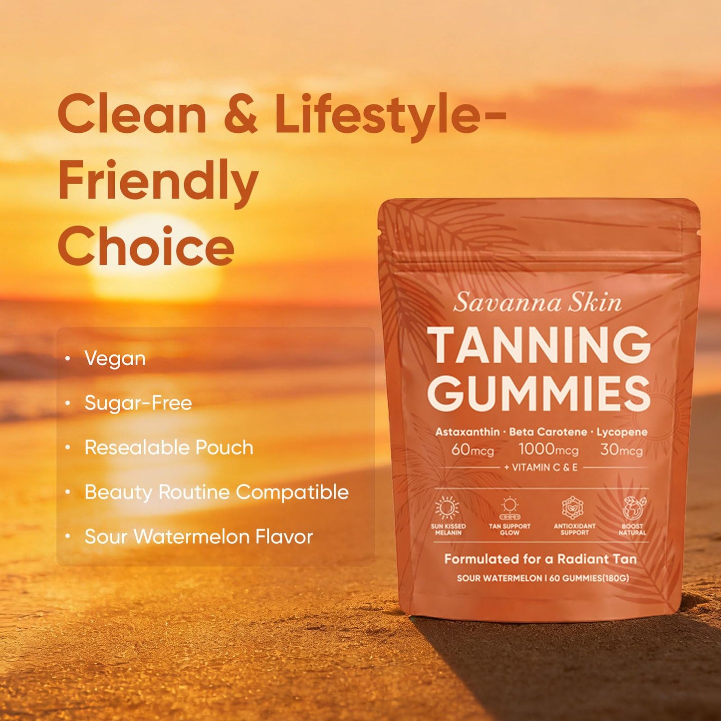 Boaccy Savanna Skin Tanning Gummies with Astaxanthin, Beta Carotene & Lycopene Blend with Vitamins C & E, Sour Watermelon Flavor, Vegan & Sugar-Free, 60 Count