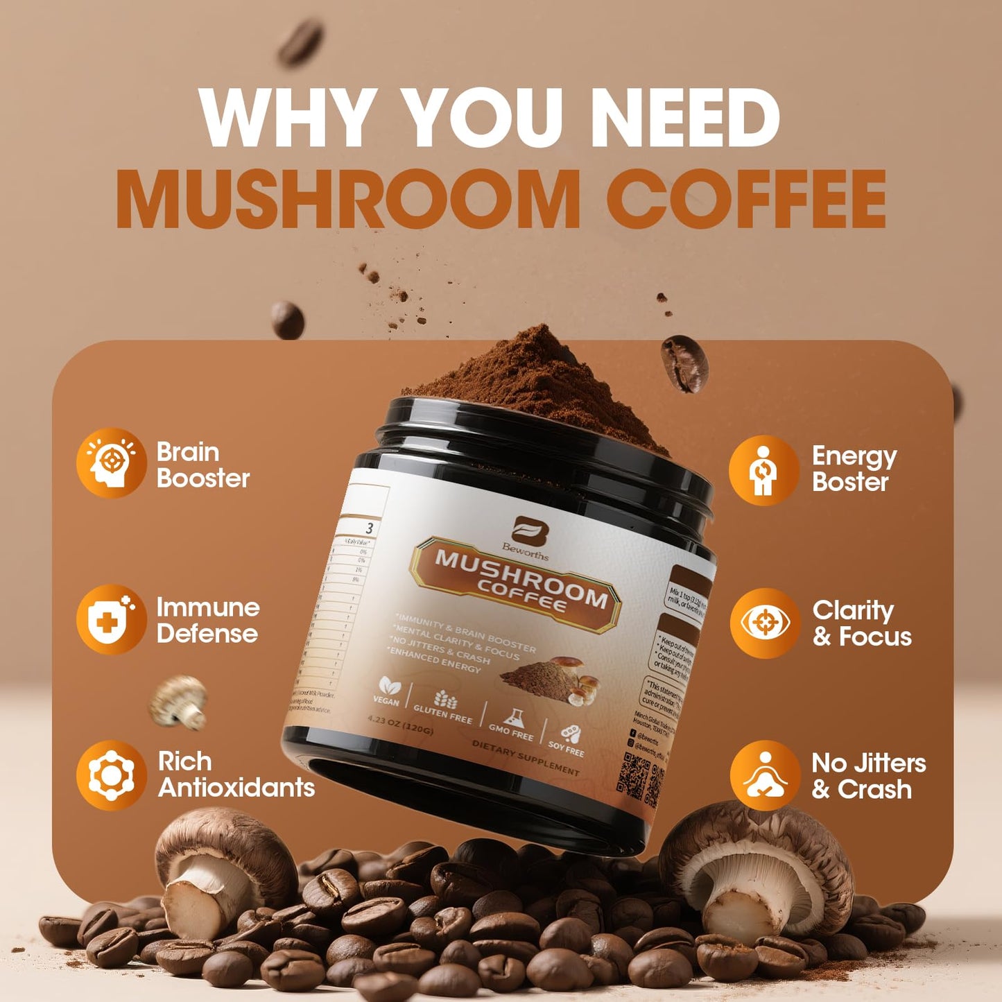 B BEWORTHS Mushroom Coffee Powder - 10 Adaptogenic Mushrooms, Low Roast, 4.23 oz