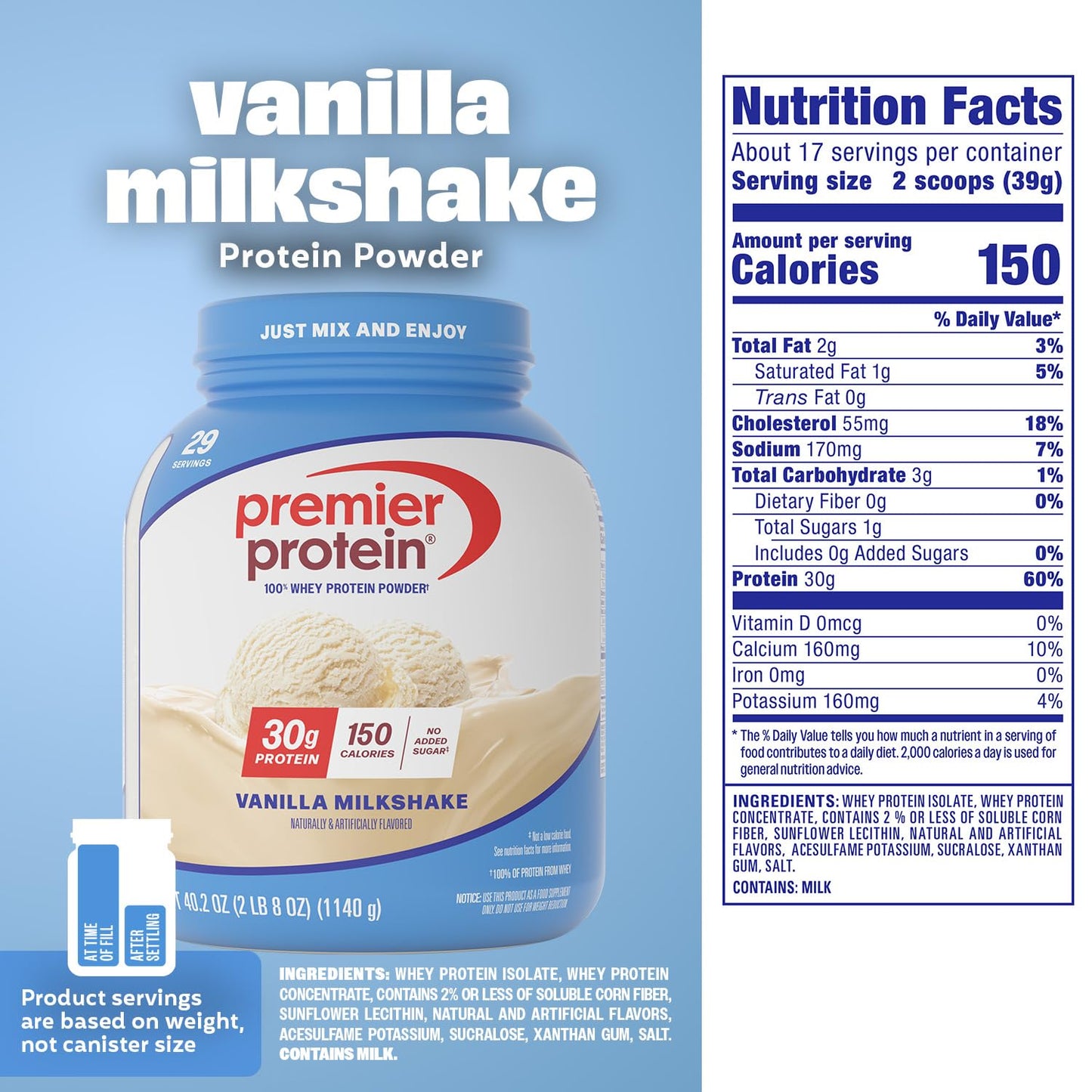 Premier Protein 30g High Protein Powder, 100% Whey, Vanilla, 40.2 oz