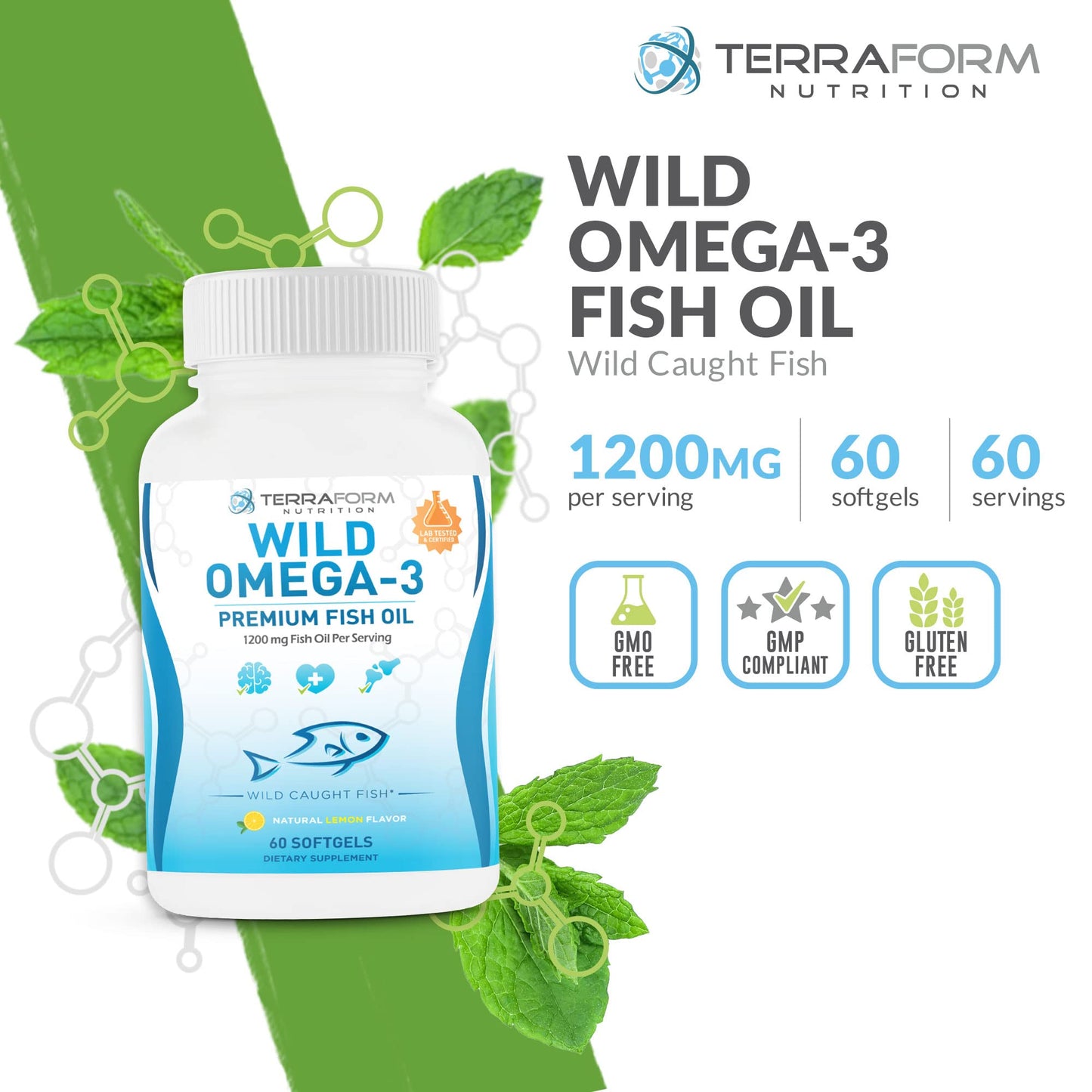 TerraForm Nutrition Triple Strength Fish Oil Omega-3 2400mg per Serving Capsule, 1 Count