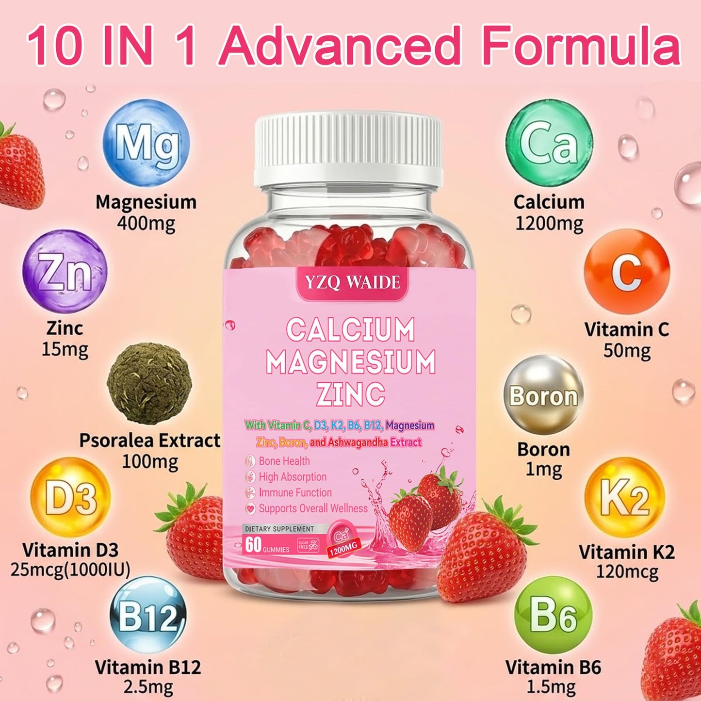 YZQ WAIDE Calcium Magnesium Zinc Gummies 60 Gummies