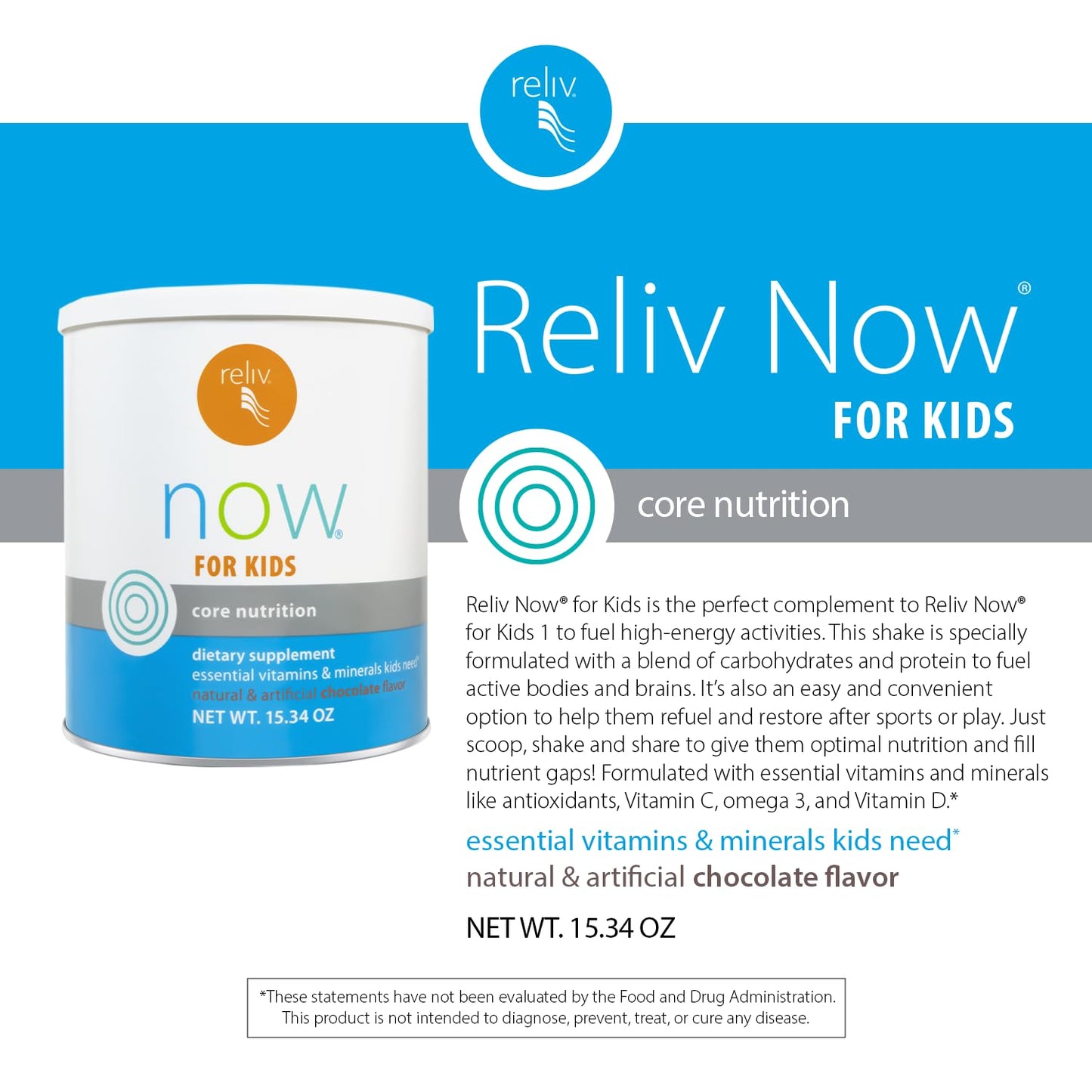 RELIV Now for Kids Chocolate Nutritional Shake Powder 15.34 oz