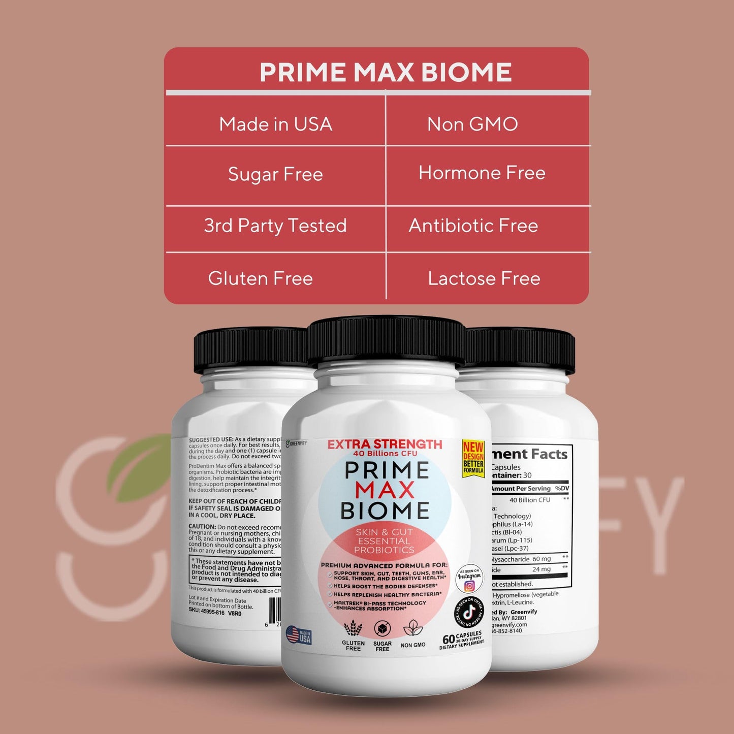 Prime Max Biome Probiotics 40 Billion CFU – Extra Strength Skin & Gut Support with MAKTrek Bi-Pass Technology – 4 Strains + Prebiotics – Non-GMO, Gluten-Free, 300 Capsules