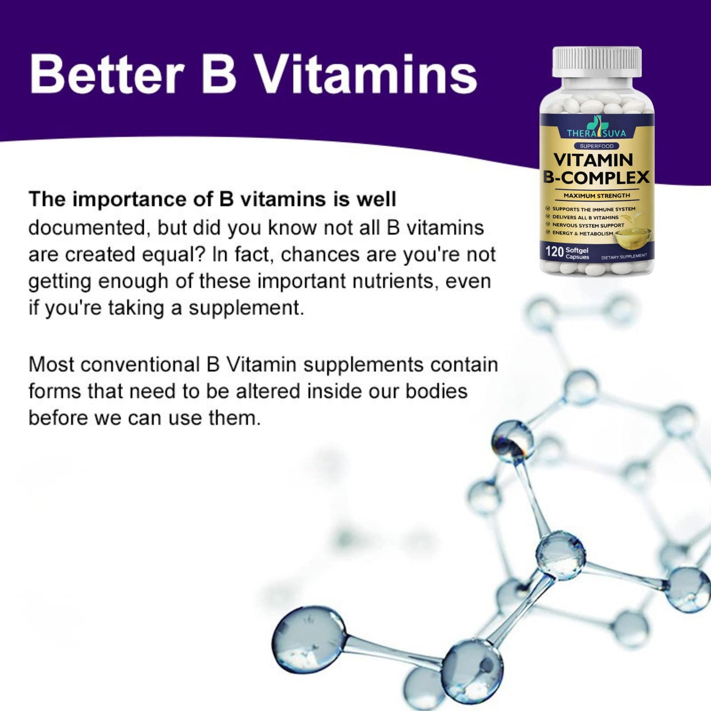TheraSuva Vitamin B-Complex + CoQ10 + Vitamin C Max Strength Softgels, 120 Count