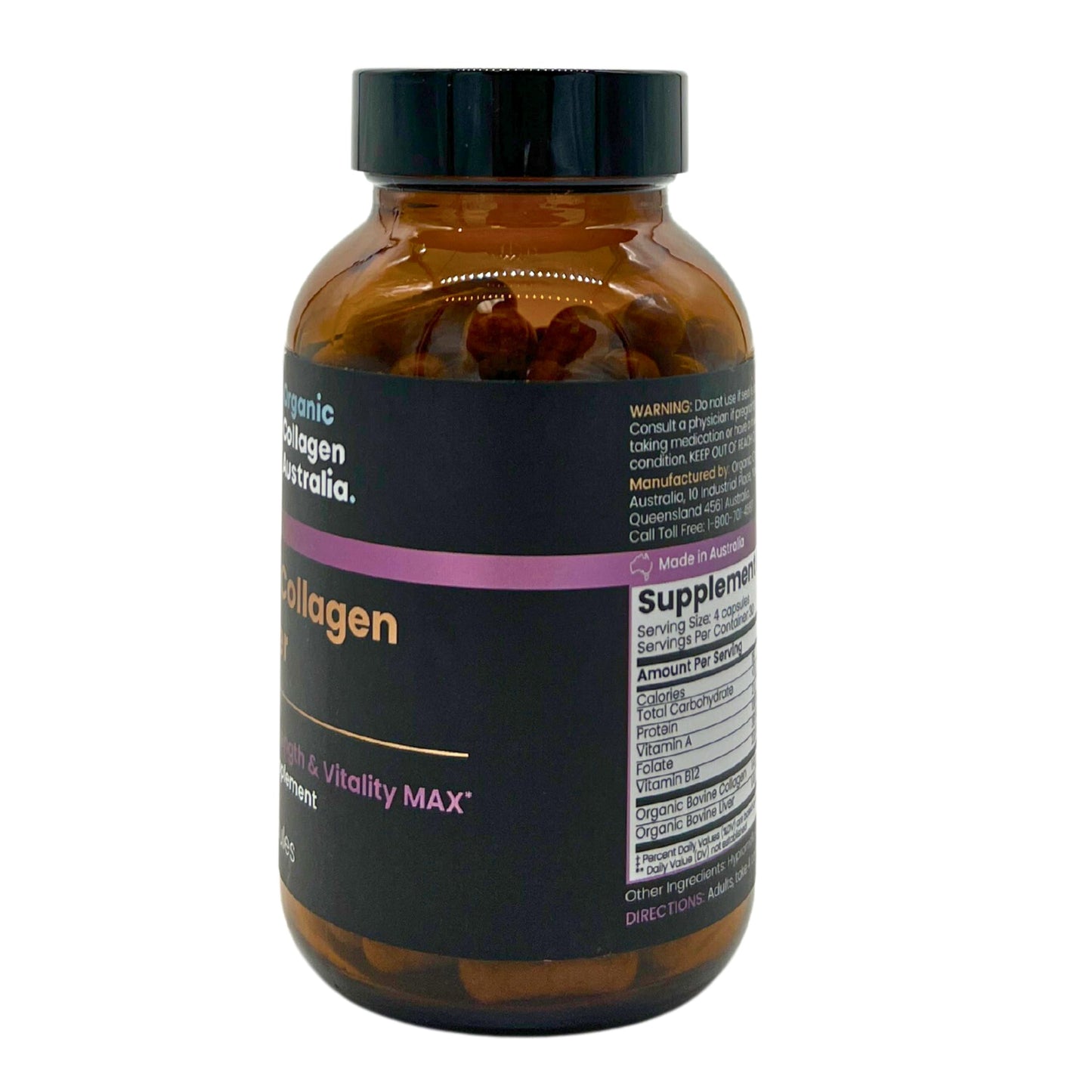 Organic Collagen Australia Pure Collagen & Liver Capsules – Muscle Strength & Vitality with Hydrolyzed Collagen, Grass-Fed Liver, and Vitamin B12, 120 Capsules