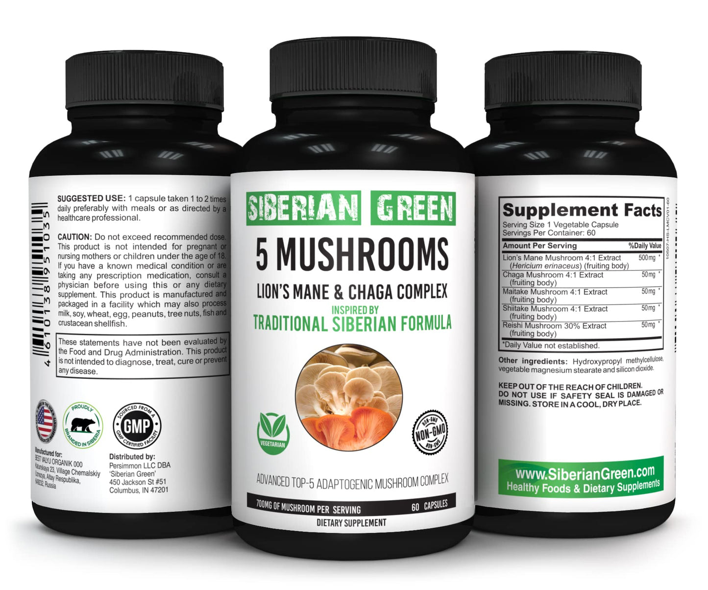 Siberian Green 5 Mushrooms Lions Mane Chaga Shiitake Maitake Reishi Capsules, 60 Count