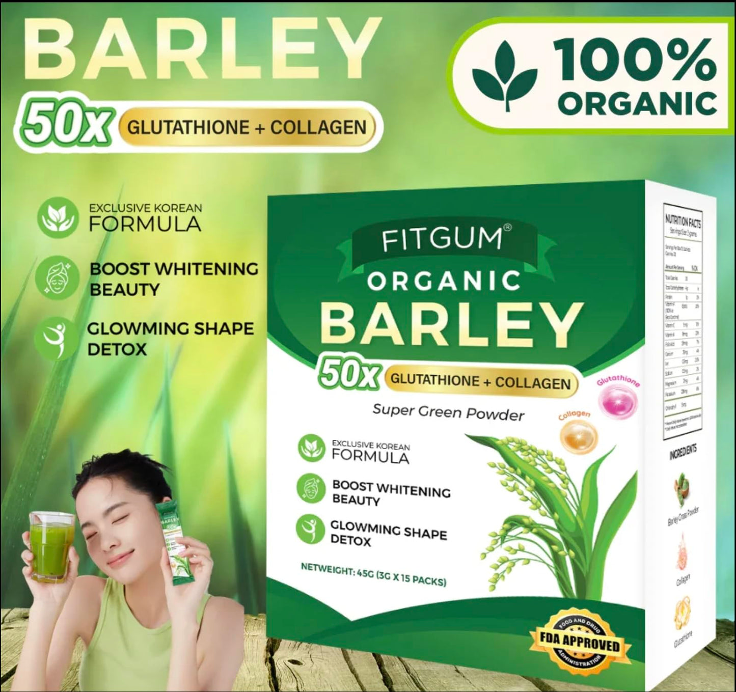 Generic FIT Gum Organic Barley 50X Glutathione & Collagen Super Green Powder, 1.57 Ounce