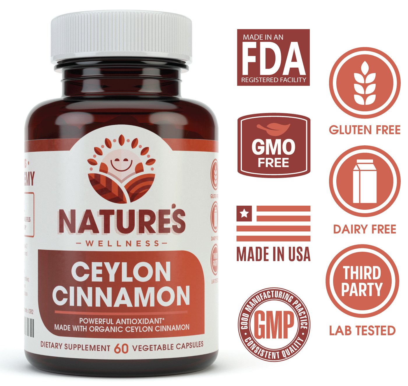 Natures Wellness Organic Ceylon Cinnamon 1200 mg Capsules, 60 Veg Capsules