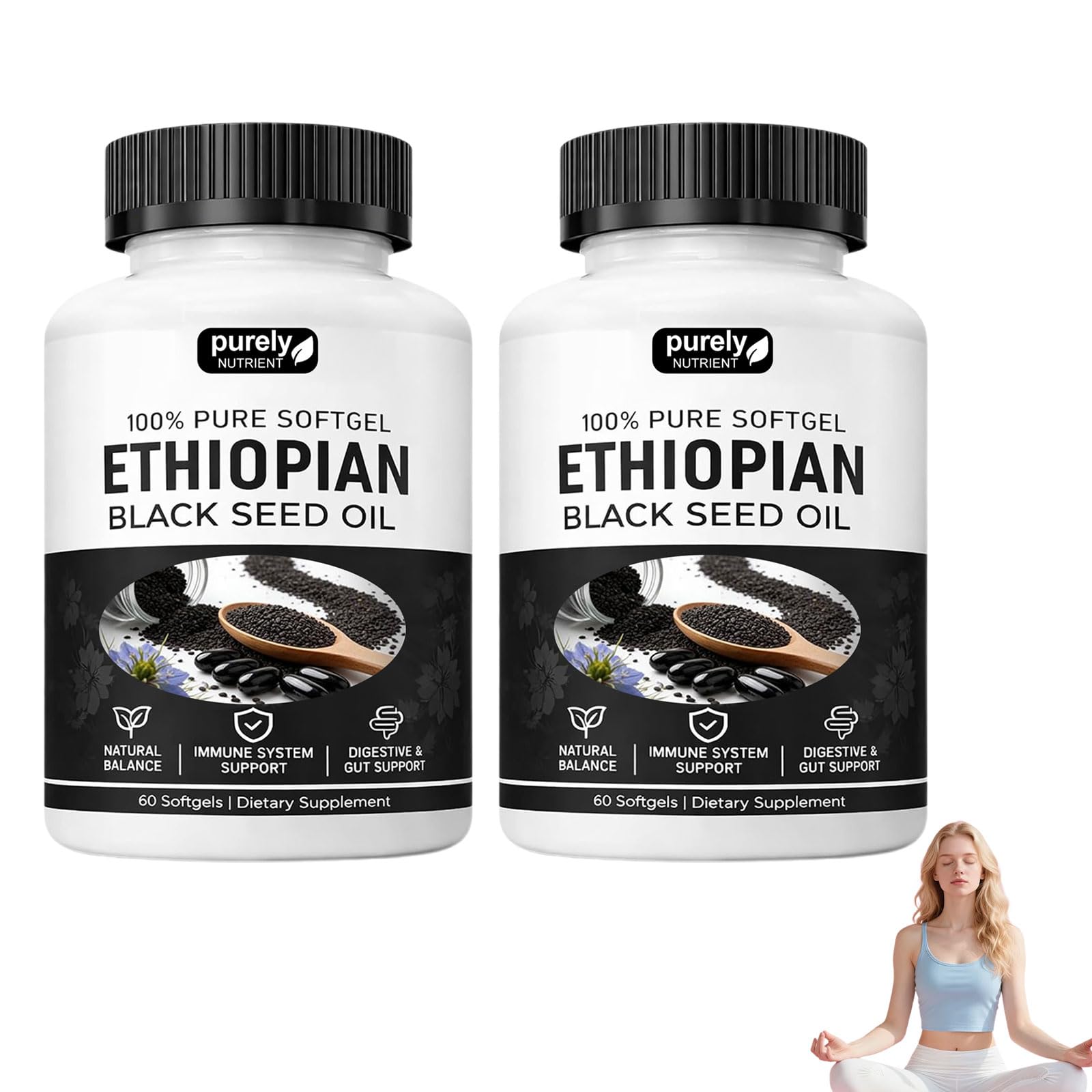 AEEHFENG Purely Ethiopian Black Seed Oil Capsules, Organic Cold Pressed, Non-GMO, Gluten-Free, 60 Softgels (2 Bottles)