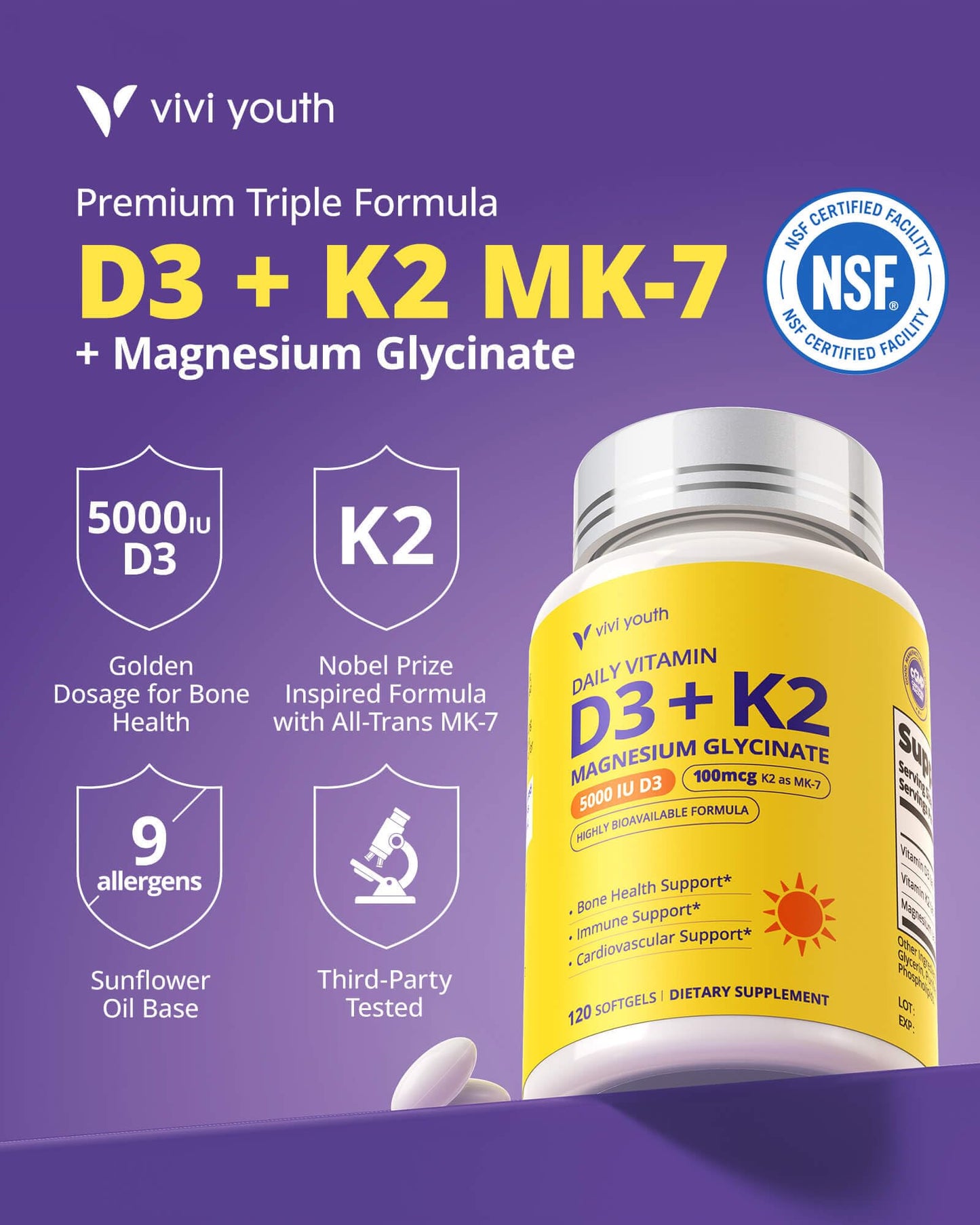 VIVI Youth Vitamin D3 K2 5000 IU Softgel 120
