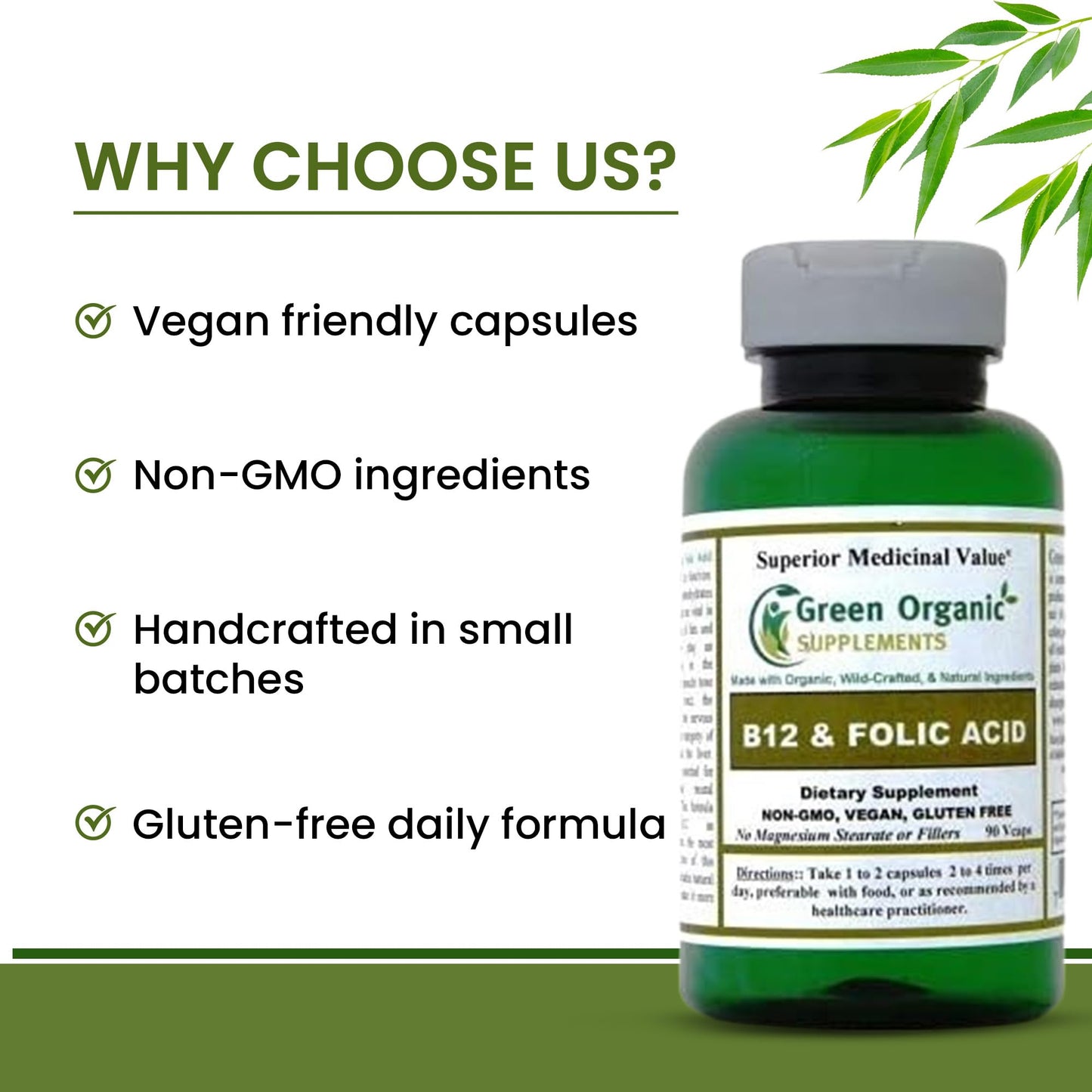 Green Organic Supplements Vitamin B12 & Folic Acid 1000mcg Capsules 90