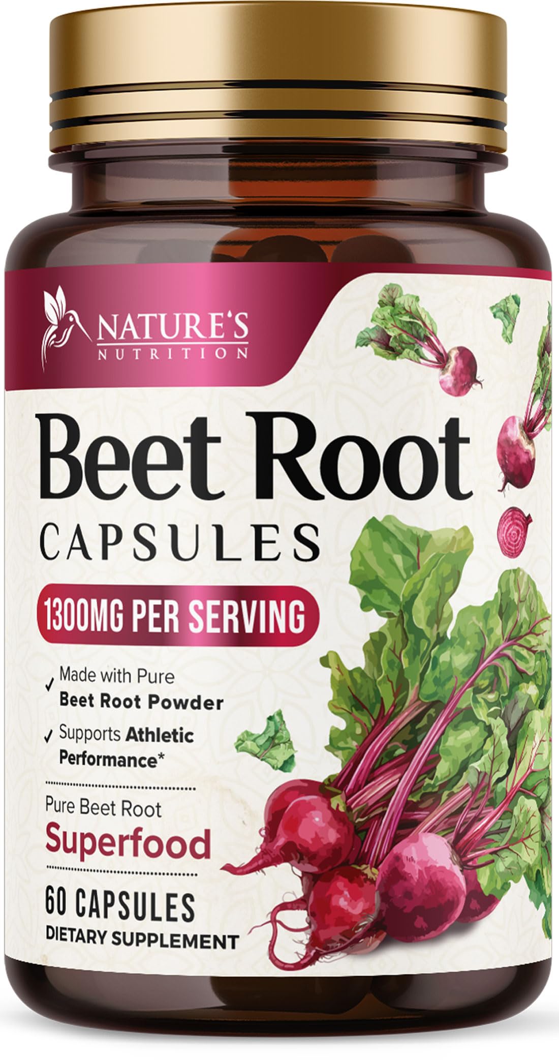 Nature's Nutrition Organic Beet Root 1300mg per Serving - Extra Strength Beetroot Powder Supplement - Supports Nitric Oxide Production, Heart Health & Natural Energy - 60 Capsules