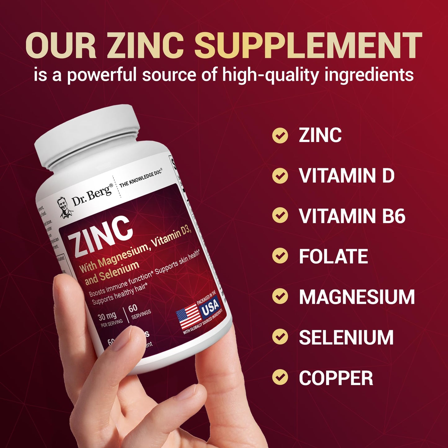 Dr. Berg Nutritionals Zinc 30mg Enhanced with Magnesium, Vitamin D3, Selenium, & Copper - Chelated Zinc for Immune, Skin, Hair, & Nails Support, Capsules, 60 Count