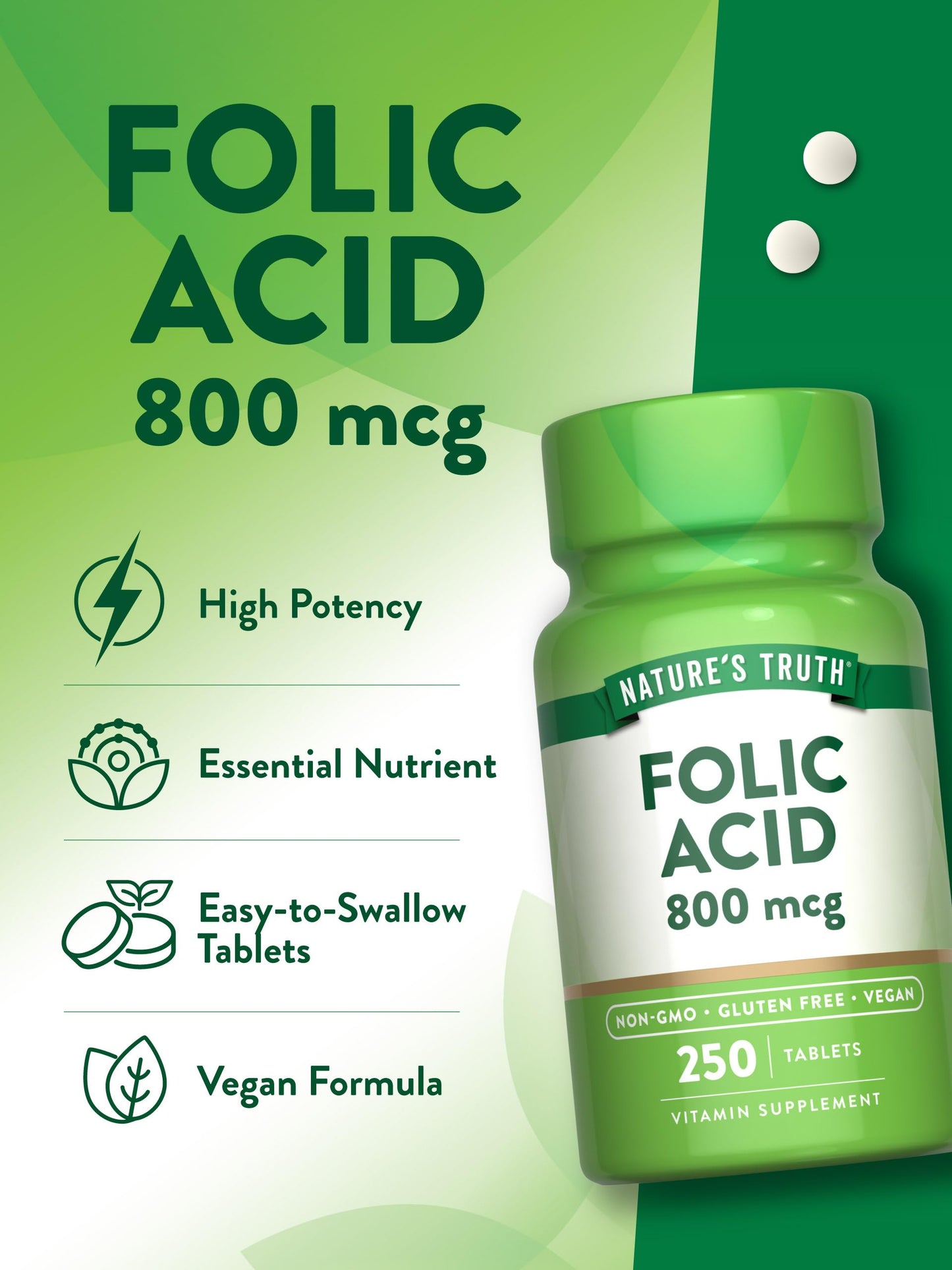 Nature's Truth Folic Acid 800 mcg, 250 Tablets