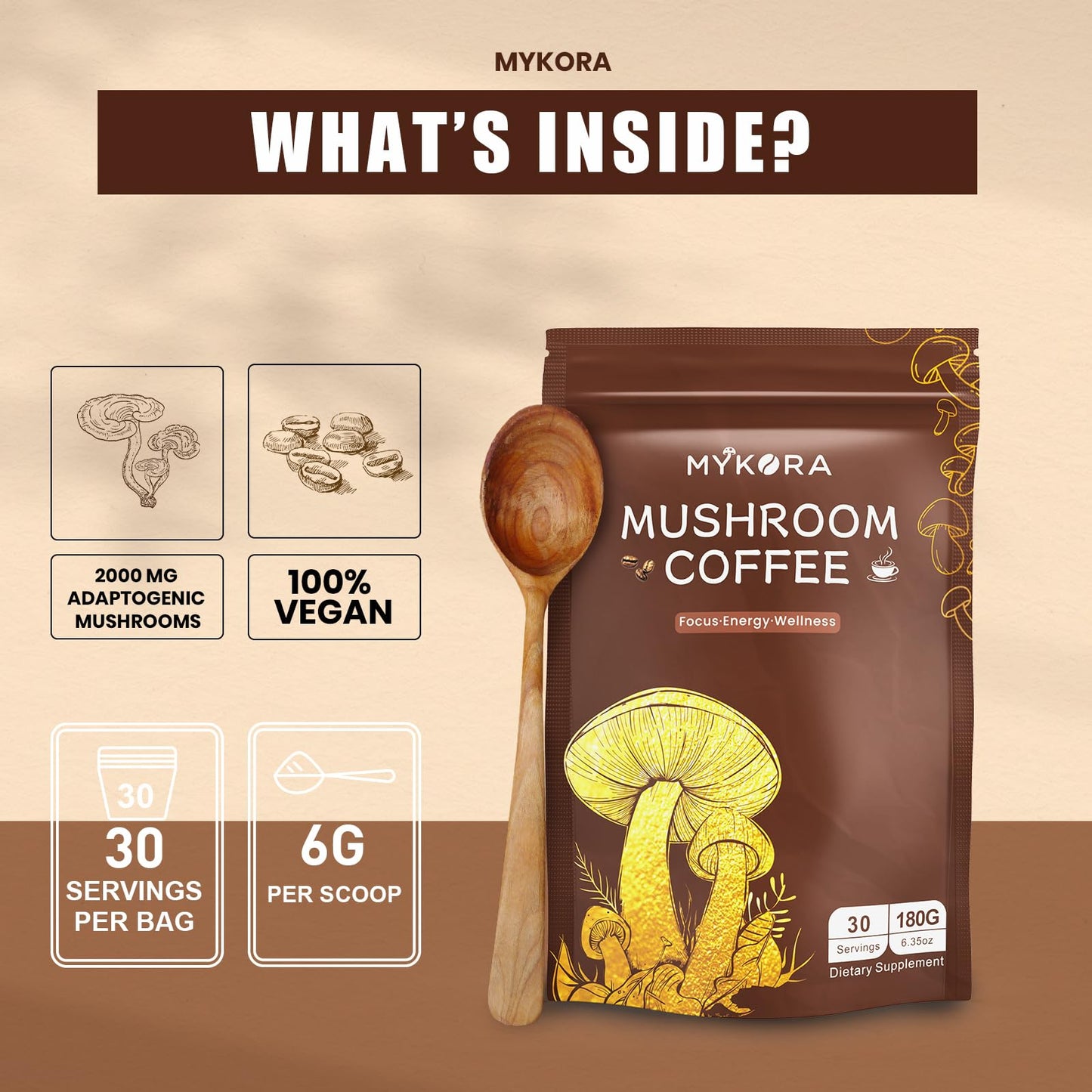 MYKORA Mushroom Coffee 2000mg Powder, Organic Instant Coffee with 6 Adaptogenic Mushrooms (Lion’s Mane & Turkey Tail), MCT Oil & Coconut, 6.35 oz
