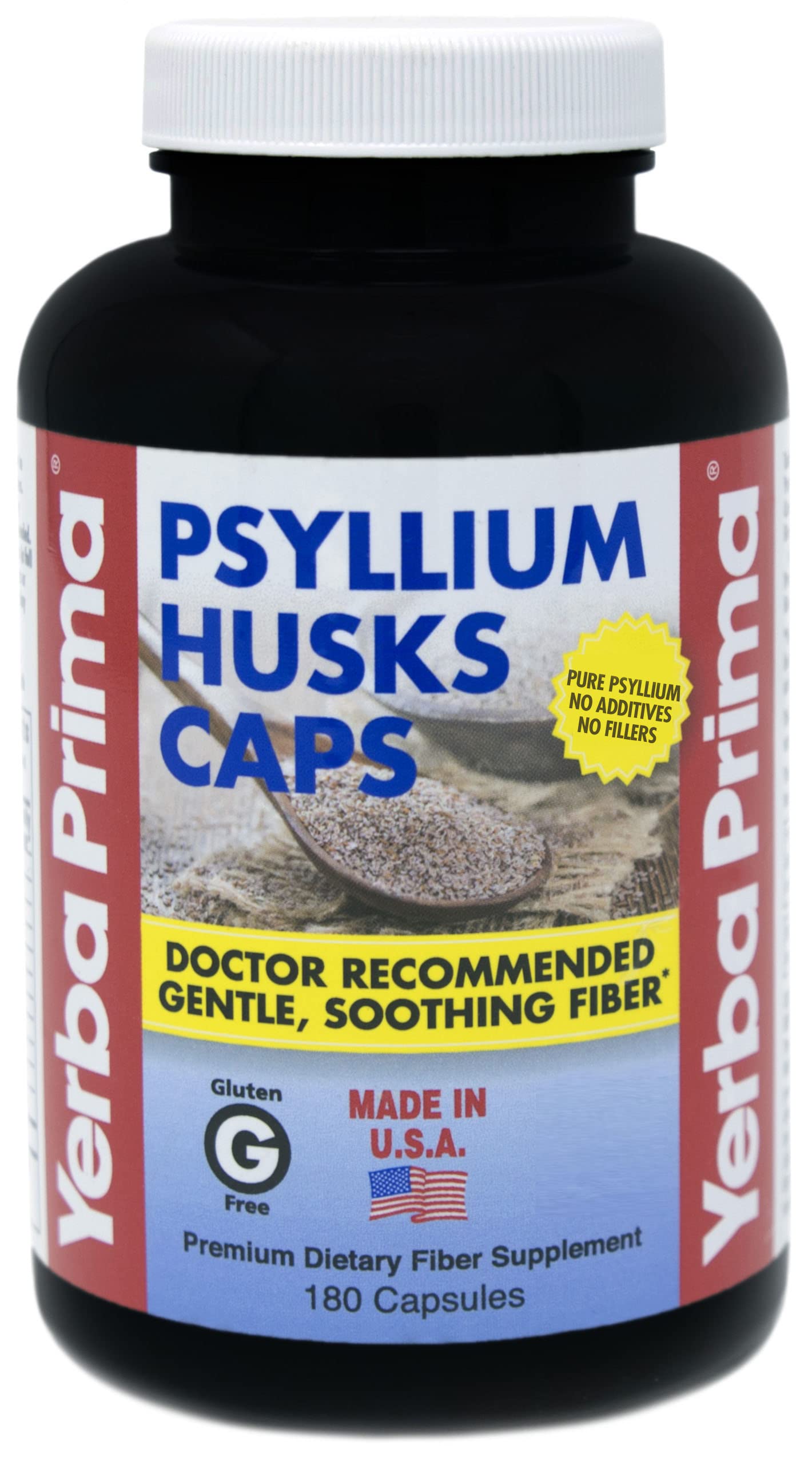 Yerba Prima Psyllium Husks Capsules Dietary Fiber 625 mg, 180 Capsules