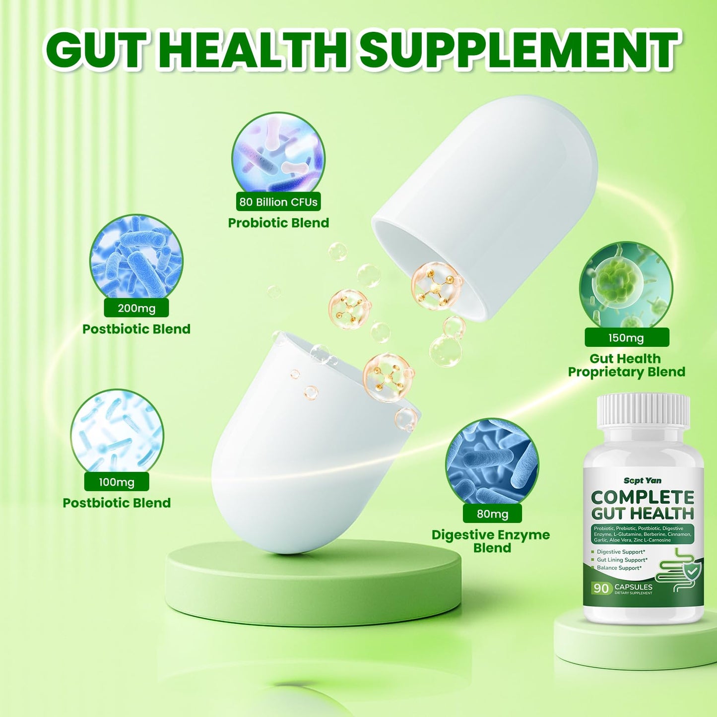 SEPT YAN Gut Health Supplement with Prebiotics, Postbiotics & Probiotics for Digestive Health for Women & Men, 80 Billion CFU Probiotics for Gut and Digestion, Immune Support, 90 Capsules